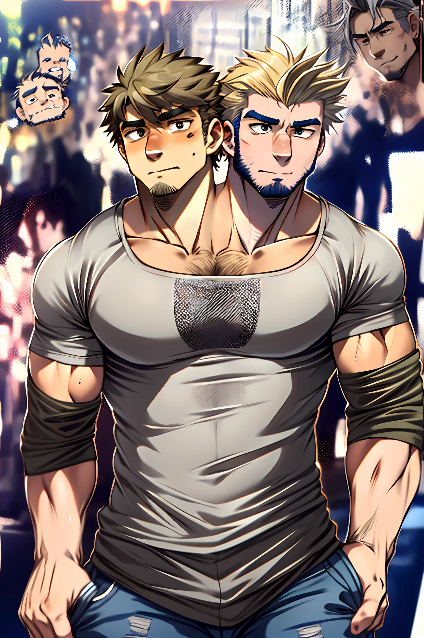25-year old male, casual clothes, hirsute, two heads, two different heads. Right head older, ash-grey hair, stubble. Left head younger, blonde hair. Age difference.