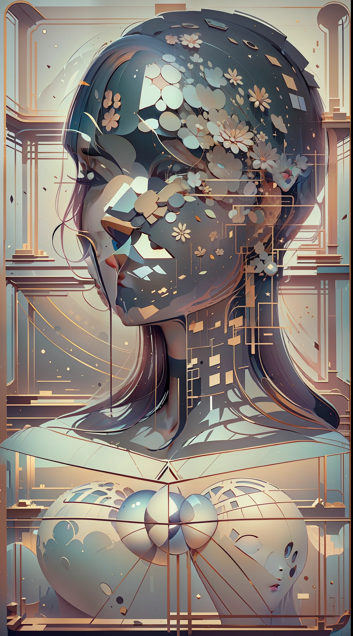 The human head consists of simple geometric shapes,square shapes,round form,spherical body、square shapes,Graphic illustration,closeup cleavage,In fantastic installation style,Realistic and imaginative,hang/hang,Multi-layered collage,metals、highlight,Radial