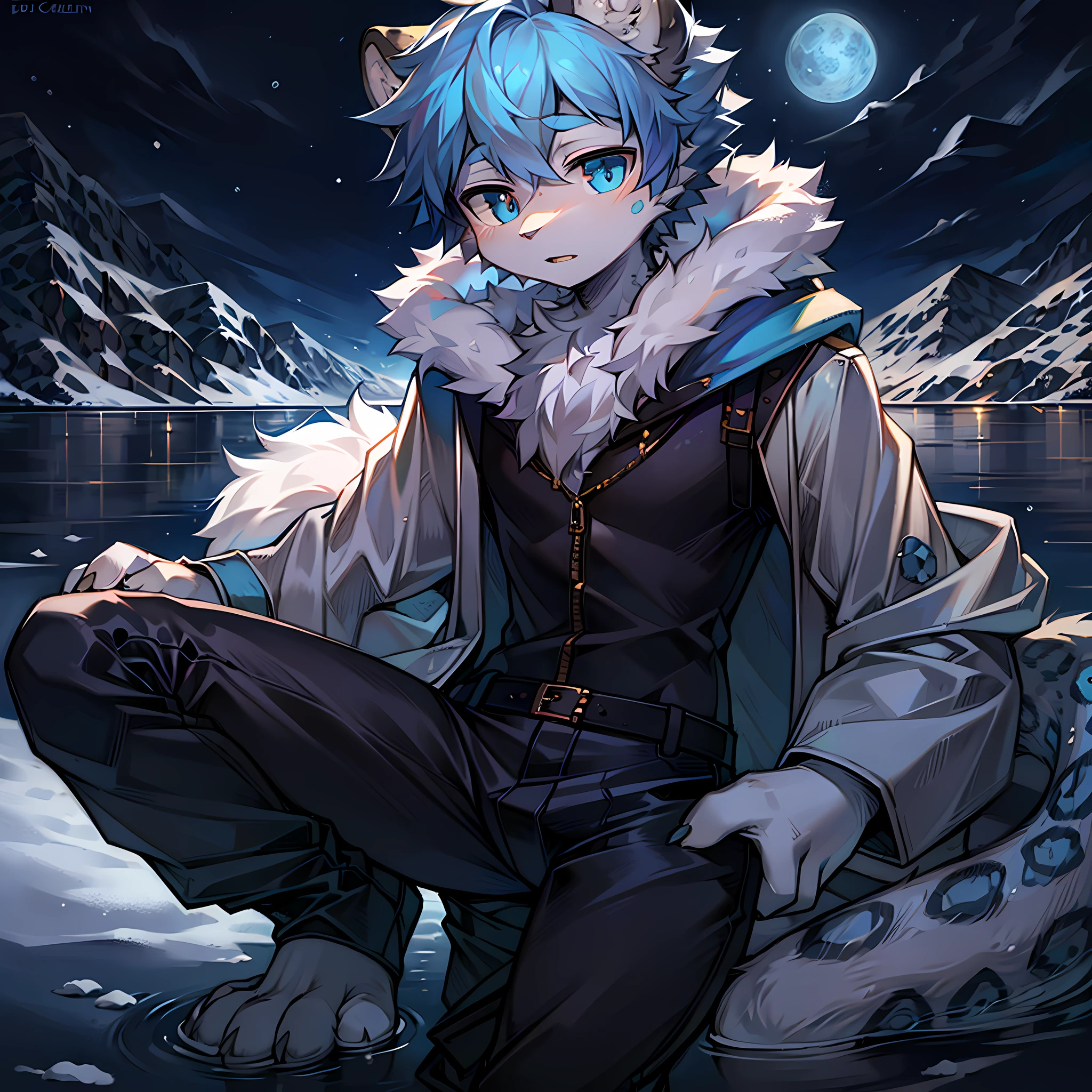 Masterpiece quality，Highest definition，Detailed textures,Soft lines,Heterochromic pupils,Snow Leopard Boy,Shota,Leopard print,Slim size,short detailed hair,Neck villi,pelt coats,trouser,Lake,Blue Moon,Polaris,extreme light,icecreen