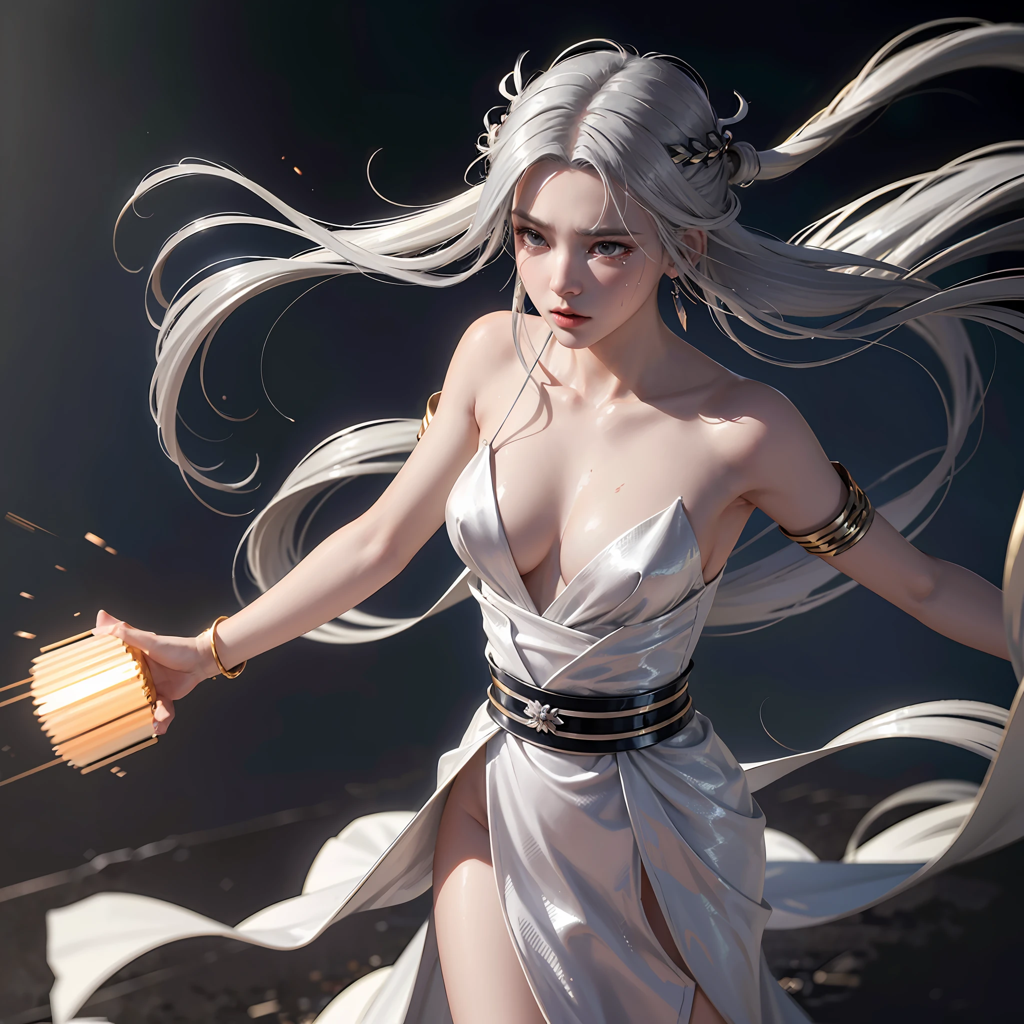streaked hair, silver hair, absurdly long hair, hair ornament, streaming tears, earrings, tearing up, Action painting, anime style, motion lines, stereogram, blending, cinematic lighting, bust chart, tachi-e, close-up, pov, Nikon, UHD, highres, high quality, high details, best quality, textured skin --auto