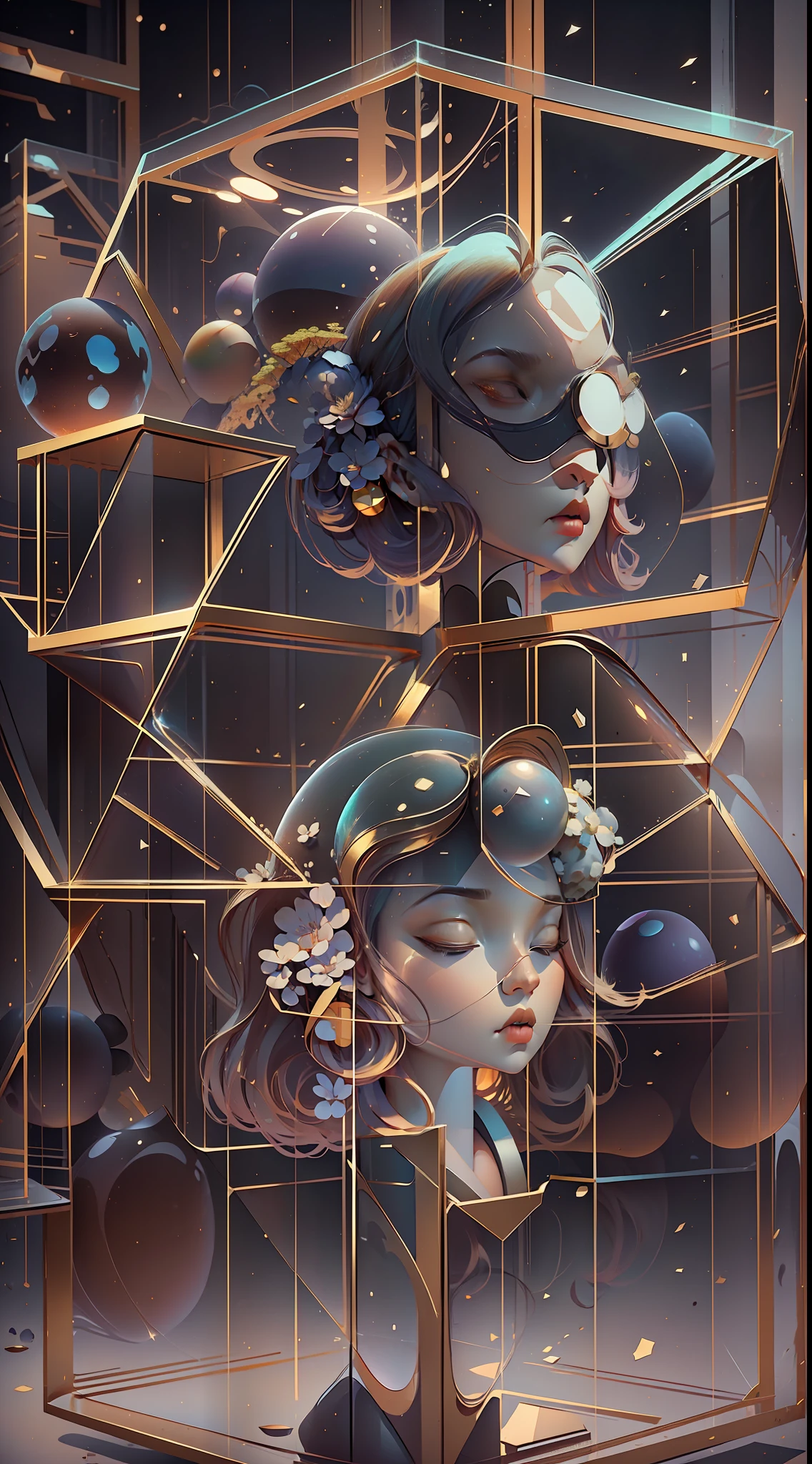 The human head consists of simple geometric shapes，square shapes，round form，spherical body、square shapes，planar，closeup cleavage，In fantastic installation style，Realistic and imaginative，hang/hang，Multi-layered collage，metals，highlight，Divergence