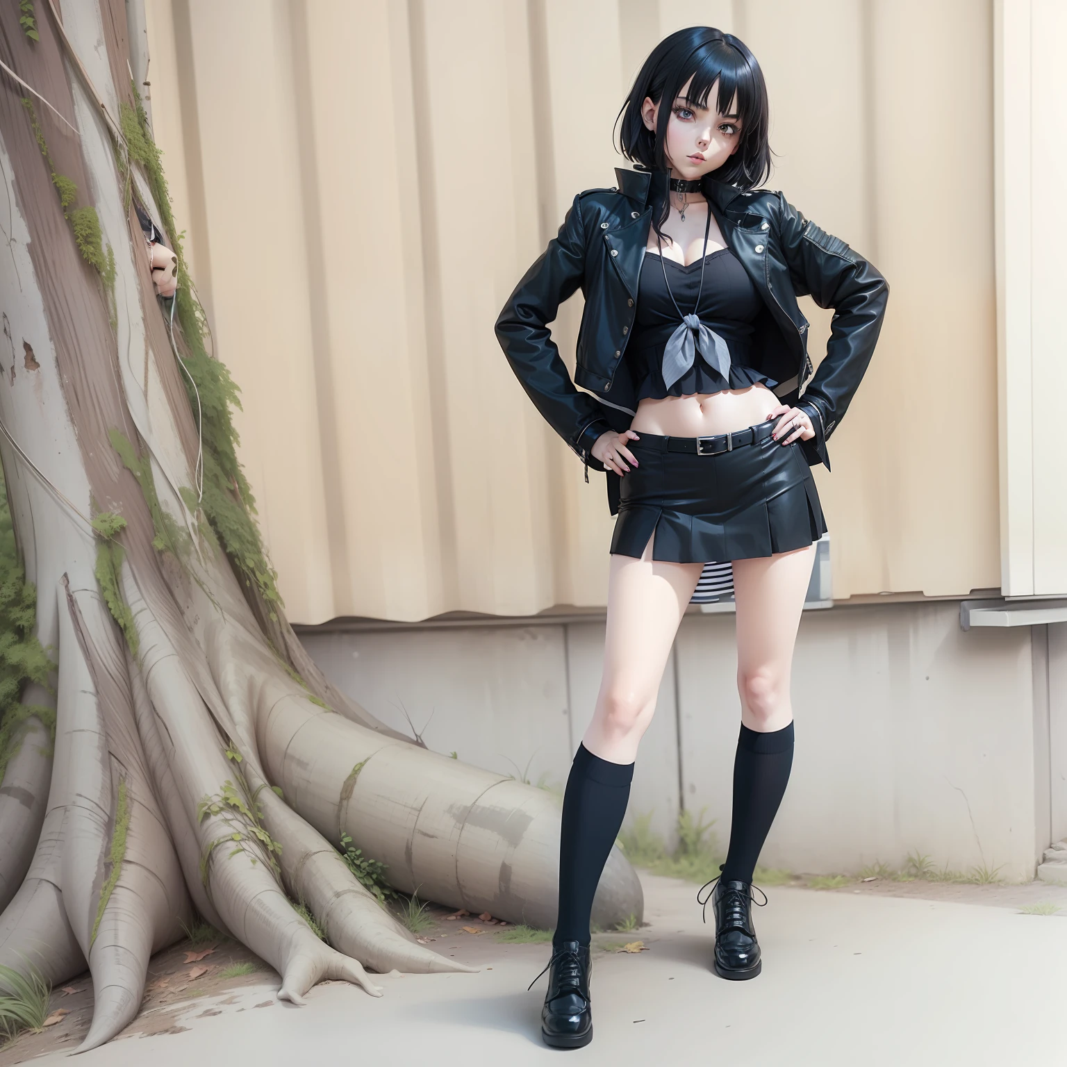 Gothic girl with short hair and striped socks and miniskirt on the right side of a tree by artist "anime", Anime Key Visual, Japanese Manga, Ryuko Matoi, Anime art, --auto