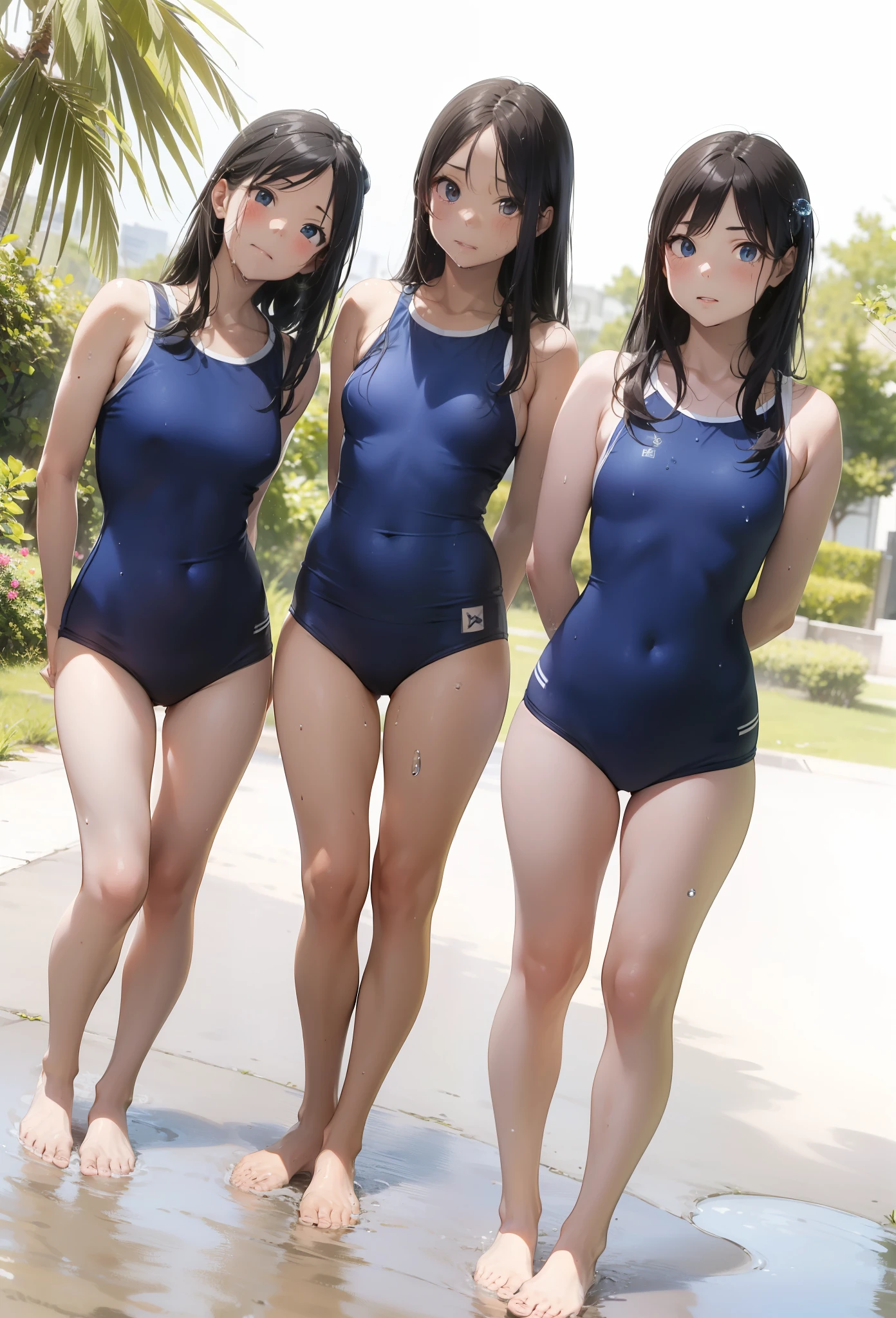 ((top-quality))、((​masterpiece))、1girl in、Formal-up、beautiful detailed eyes and face、pretty skin、Realistic、a very cute、22year old、School swim wear(Dark blue color、Simple design、Matte texture、Wrinkle、Wet、Polyester material、shadings、)Wet body、Anime Face、Beautie、Facing the front、big eye(Beautiful fece、Anime Face、Clear eyes、Fine details、beautidful eyes)Well-formed face(Beautiful nasal muscles、Perplexed、sharp mouth)full of sweat、sodden、Wet feeling、Background with(sunny sky、takeout)、8K picture quality、perfectly proportions、A slender、red blush、female focus on, hair adornments,length hair, Look at viewers,((pee))((pissing))((Water droplets))