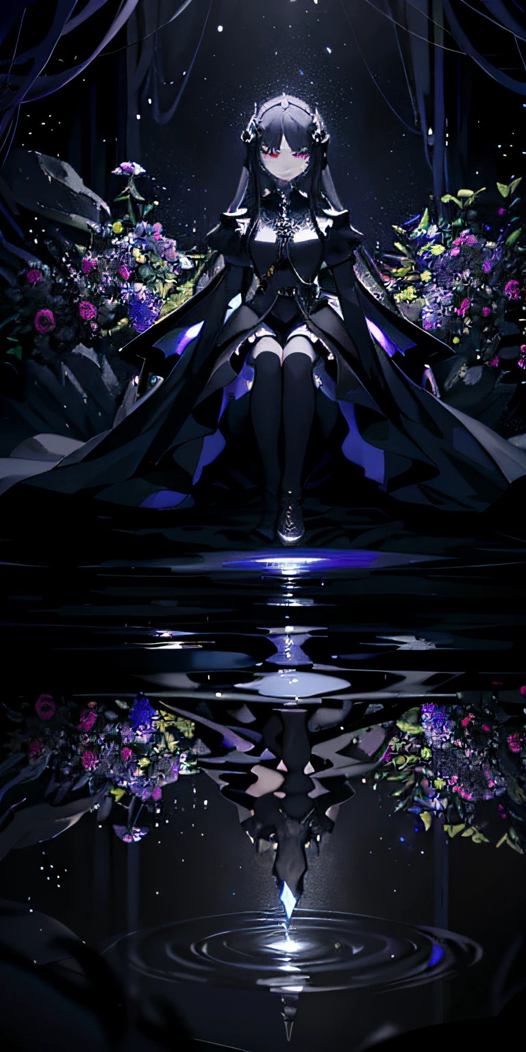 Here is the bottom of the abyss，There is no lighting，Endless sea of flowers，A soul that radiates a shimmer，holding black sword，A knight of the abyss half-kneeling，armor
