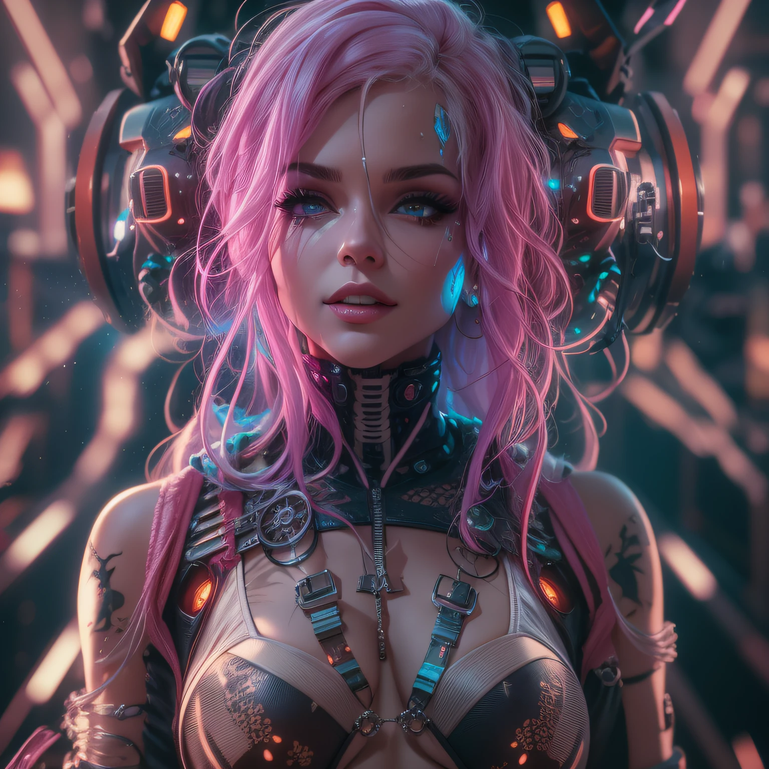 priestess of the Synthetic Gods, Daughter of the Neon who is God of artificial Light and synthetic life forms, full body, cover, unzoom, ultra detailed artistic photography, midnight aura, night sky, detailed gorgeous face, dreamy, glowing, backlit, glamour, glimmer, shadows, oil on canvas, brush strokes, smooth, ultra high definition, 8k, unreal engine 5, ultra sharp focus, art by alberto seveso, artgerm, loish, sf, intricate artwork masterpiece, ominous, matte painting movie poster, golden ratio, trending on cgsociety, intricate, epic, trending on artstation, by artgerm, h. r. giger and beksinski, highly detailed, vibrant, production cinematic character render, ultra high quality model, cyberpunk style, cyborg, cyberpunk style, wires under the skin, metal elements implanted in the body, blond hair, bright eyes, beautiful girl, pink hair, smile, techno-mage,