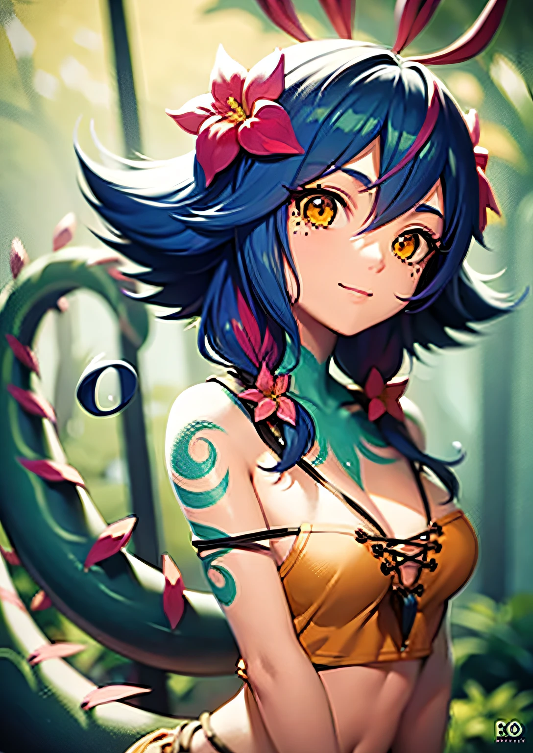 neeko , hair ornaments , hair flower , brown shorts , crop top , lizard tail , facial marks , (best quality) , (masterpiece) , pretty girl, beauty skin,
ultra high res, raw photo , medium boobs , ultra detailed , detailed body , detailed eyes and face , (looking at viewer , softly smiling) , 8k ,((puffy eyes)), ,good contrast , high sharpness,(gorgeous),realistic,RAW Photography,(hyperdetailed:1.2),boreal forest