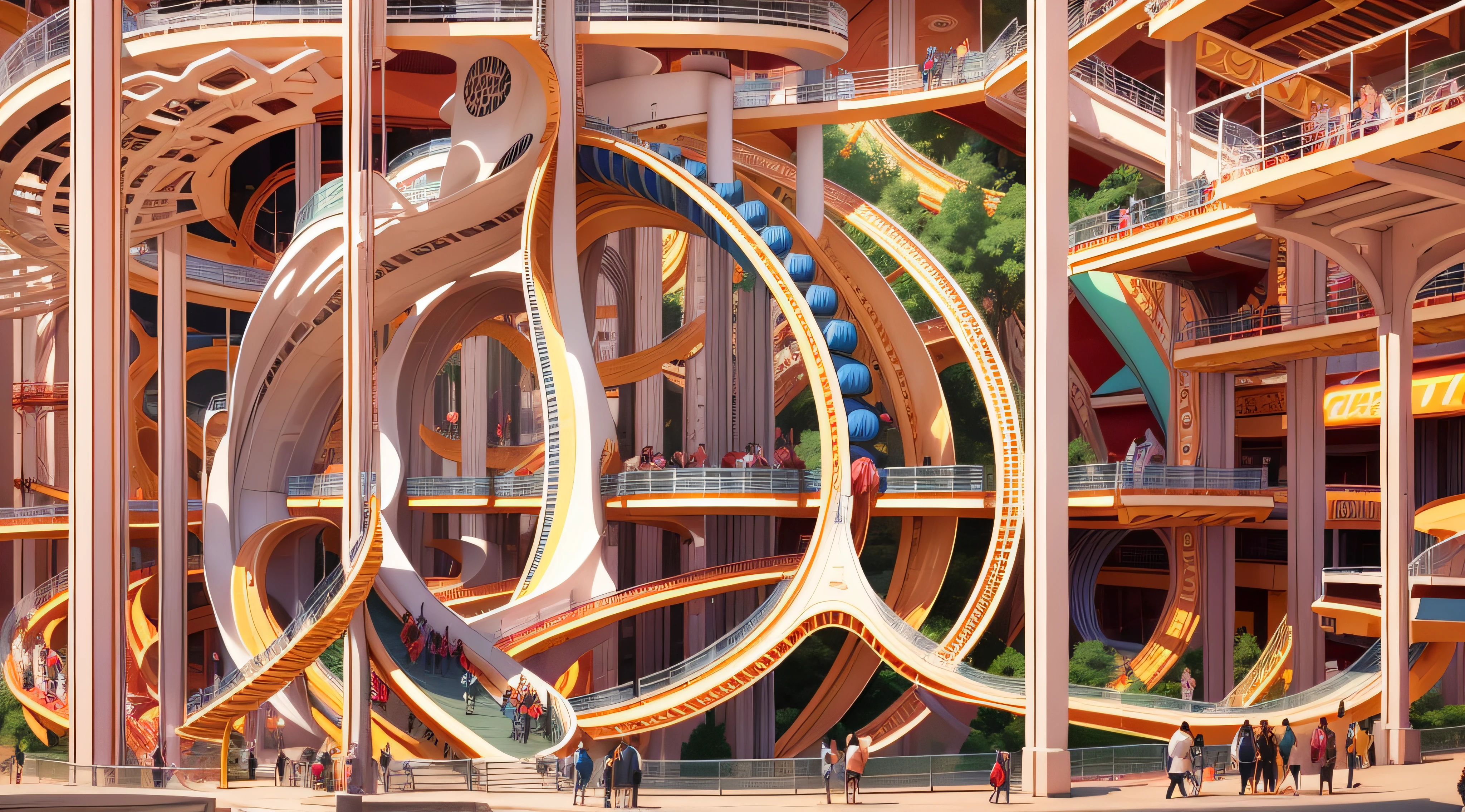 abstract digital art, geometric illustration, Busy amusement park on Mars, neofuturistic architecture, parametric architecture