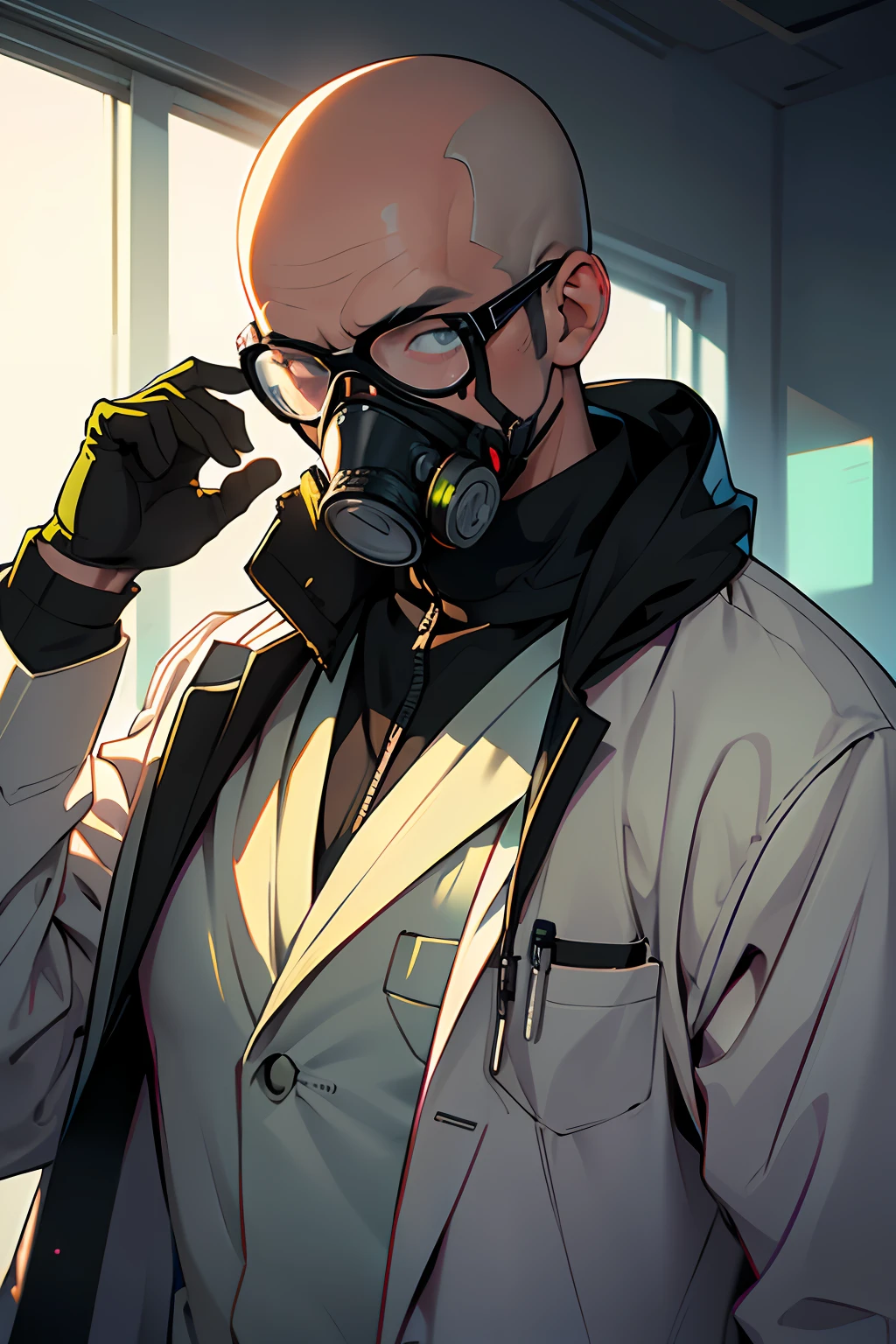 A stunning intricate full colour upper body photo of man wearing glasses, (wearing a lab coat and a gas mask on the head), bald,
epic character composition,
by ilya kuvshinov, alessio albi, nina masic,
sharp focus, natural lighting, subsurface scattering, f2, 35mm, film grain --auto