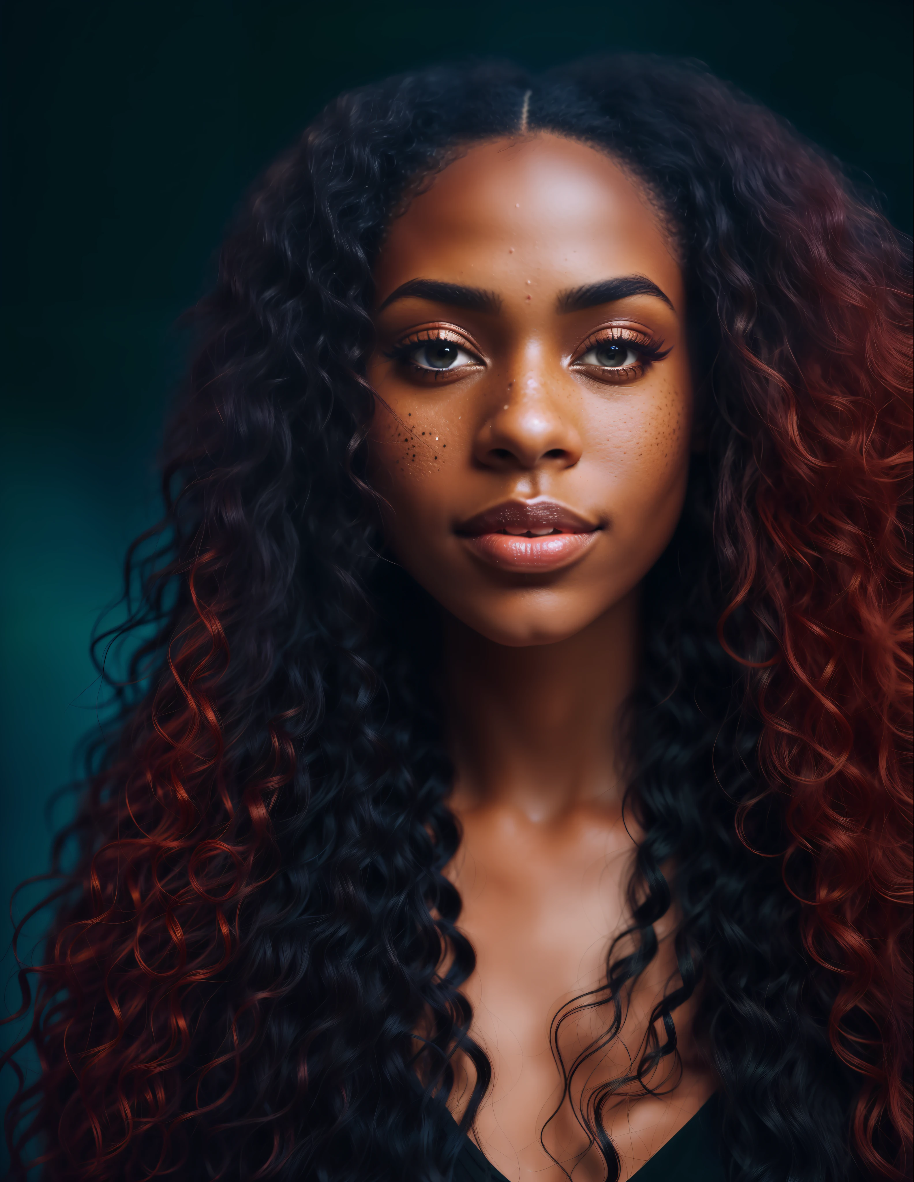 Professional portrait photo of a gorgeous Norwegian black girl with a crowded outdoor night in the background, long wavy black and red hair, sultry sexy look, (freckles), gorgeous symmetrical face, cute natural makeup, realistic, concept art, elegant, highly detailed, complex, sharp focus, depth of field, f/1. 8, 85mm, mid, mid, (professional color grading)), clear focus, bright soft diffuse light, (volumetric fog), popular on Instagram, HDR 4K, 8K, fat