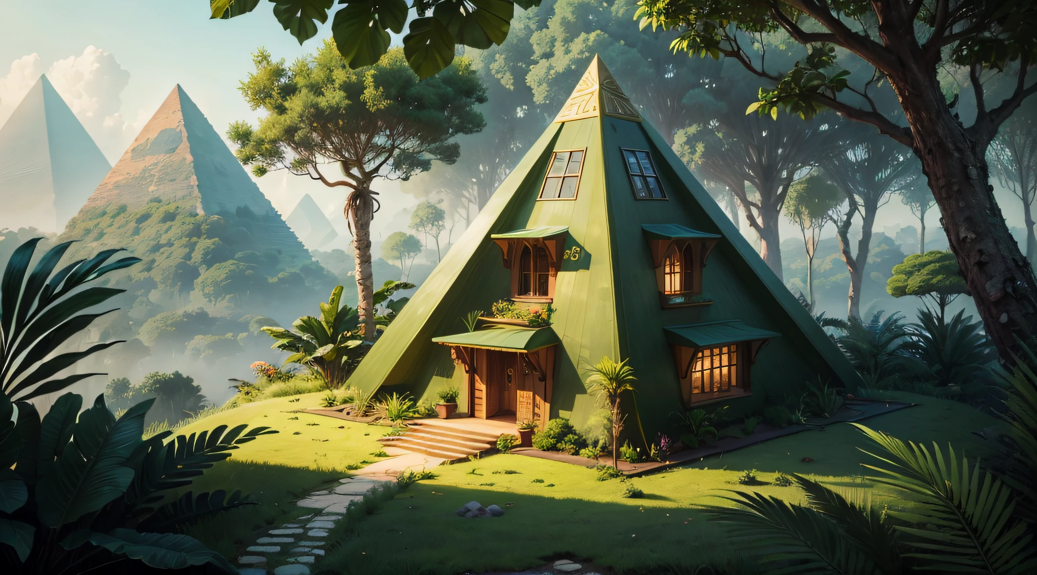 a pyramid shaped luxury house in the middle of jungle with greenery, vibrant look, high details --auto