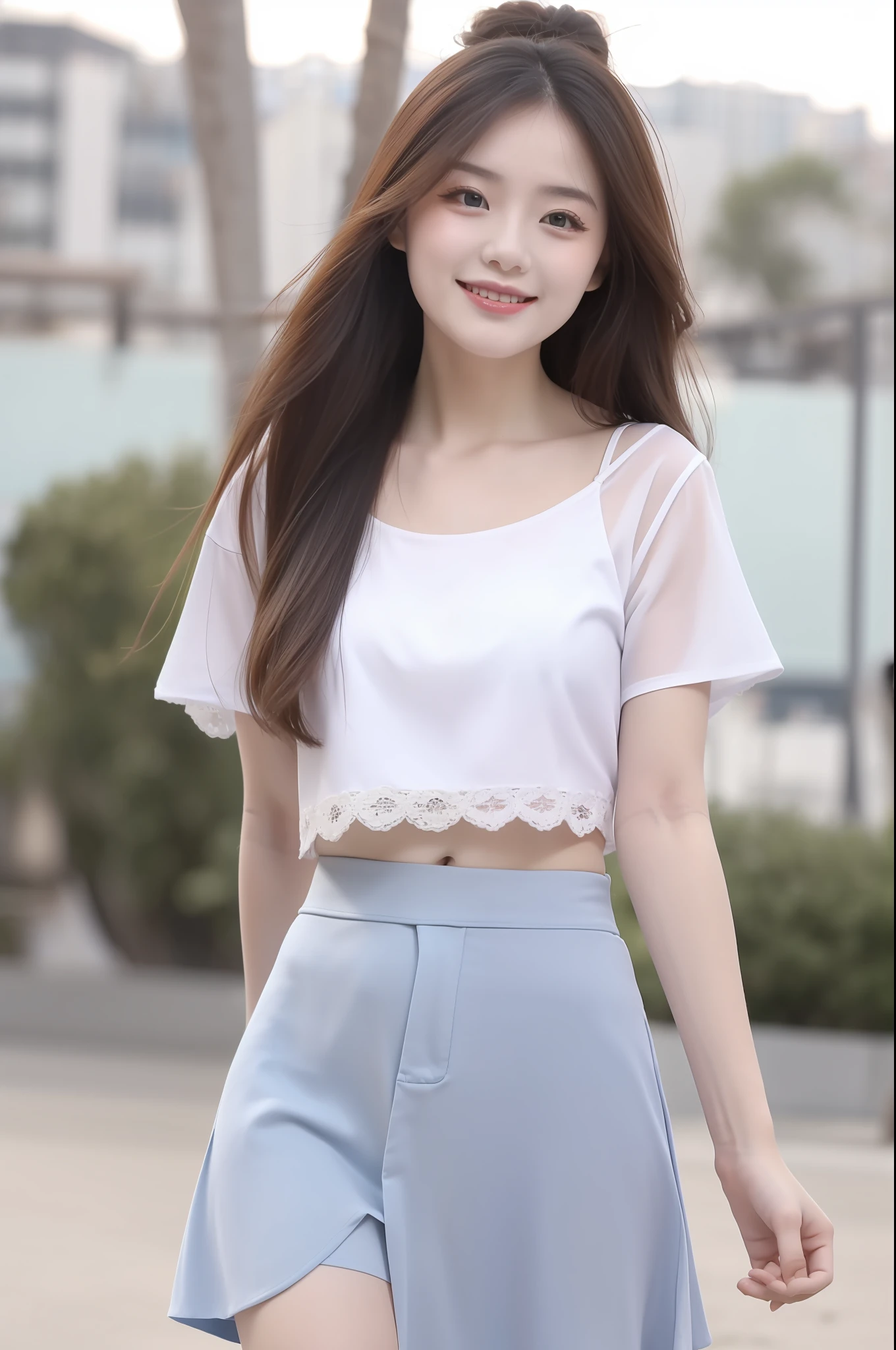 high detal,8K分辨率,超高分辨率,Young beautiful girl slightly fat,((waist-up)) ，full bodyesbian，A cute girl，long whitr hair，Bright and clear eyes,(voluminous hair,鎖骨,Exquisite and perfect facial features, the most beautiful big eyes,Long eyelashes,Wear a lace suspender bandeau top，Puffy skirt，，Crop topping，sweet eyes,ssmile)，dynamic angle,Extreme picture quality,Highest accuracy,Precise and perfect human anatomy，with blue sky and white clouds，On the beautiful seaside，sandbeach。