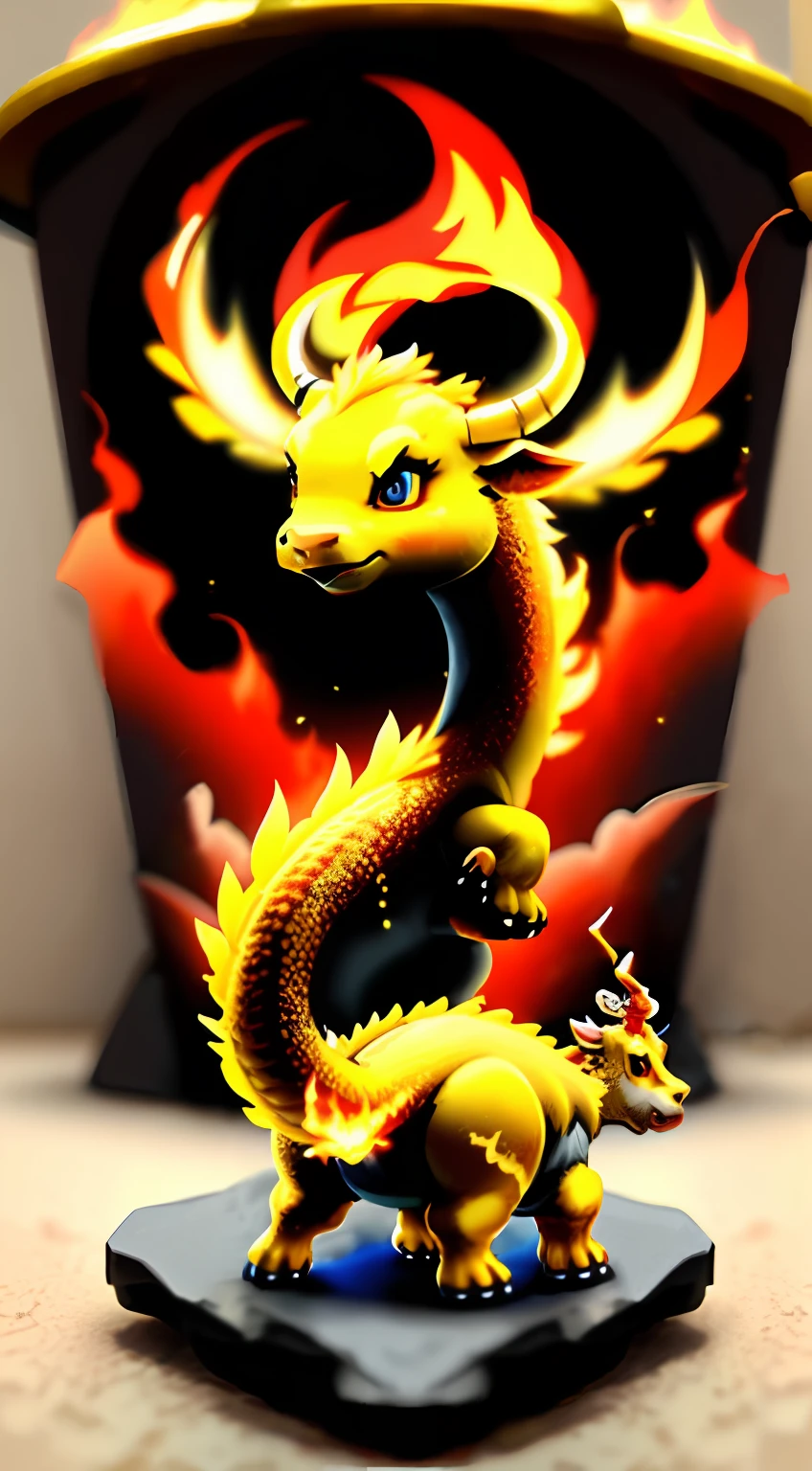 Surreal color photo of cute little fire dragon and golden calf, Chinese zodiac elements based on dragons and cows, The fire dragon faces the camera,The little golden calf has his back to the camera,Look back at the camera. —c 10 —ar 2:3