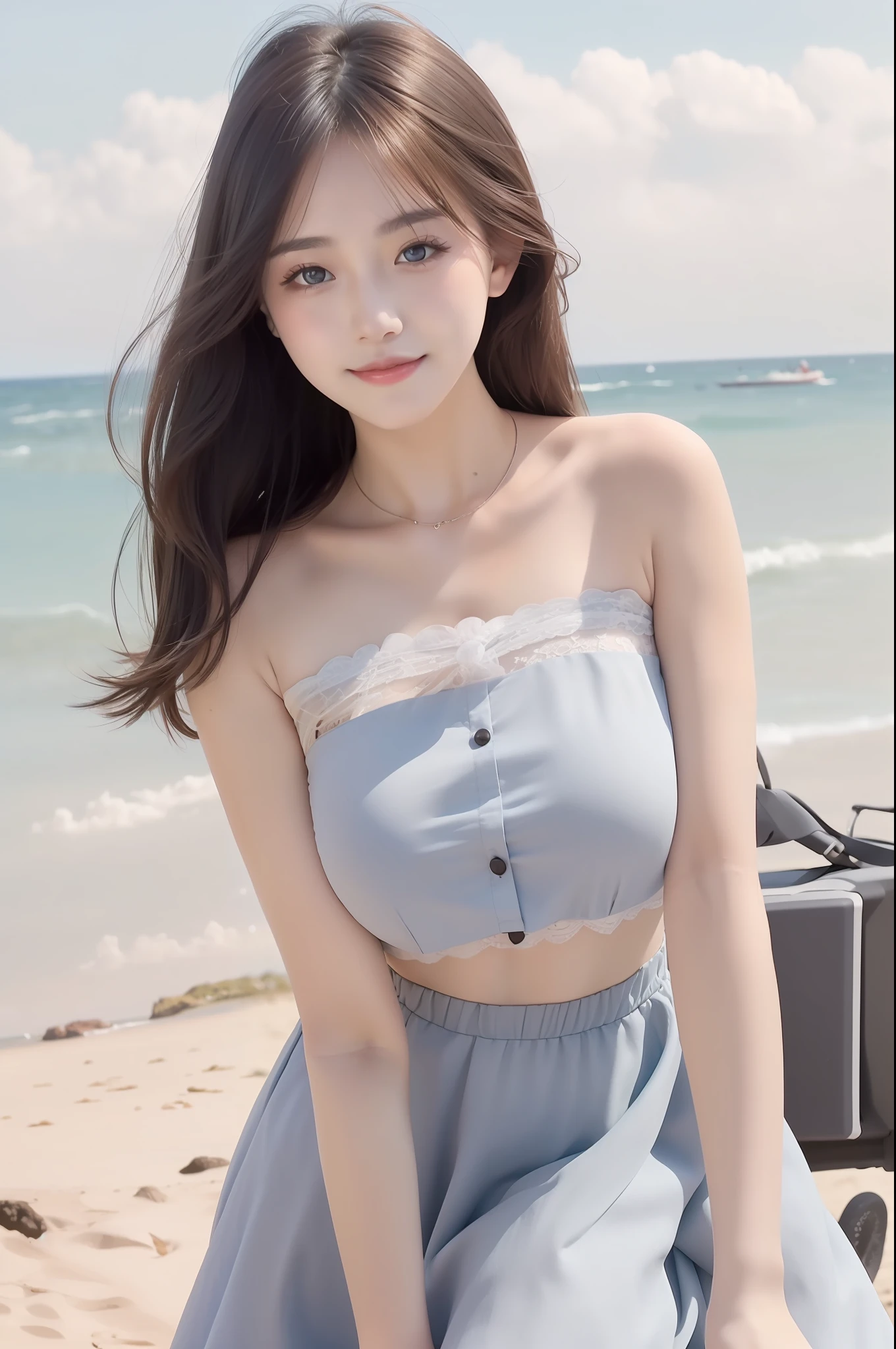 high detal,8K分辨率,超高分辨率,Young beautiful girl slightly fat,((waist-up)) ，full bodyesbian，A cute girl，long whitr hair，Bright and clear eyes,(voluminous hair,鎖骨,Exquisite and perfect facial features, the most beautiful big eyes,Long eyelashes,Wear a lace suspender bandeau top，Skirt，Crop topping，sweet eyes,ssmile)，dynamic angle,Extreme picture quality,Highest accuracy,Precise and perfect human anatomy，with blue sky and white clouds，On the beautiful seaside，sandbeach。