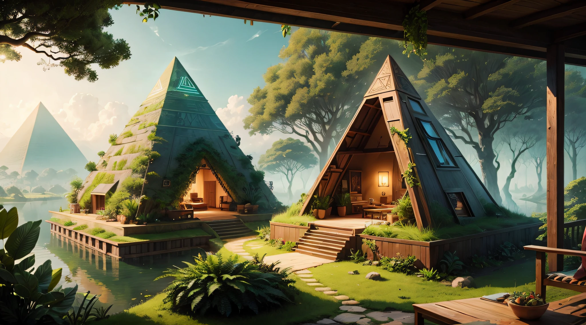 a pyramid shaped luxury house in the middle of jungle with greenery, vibrant look, high details --auto