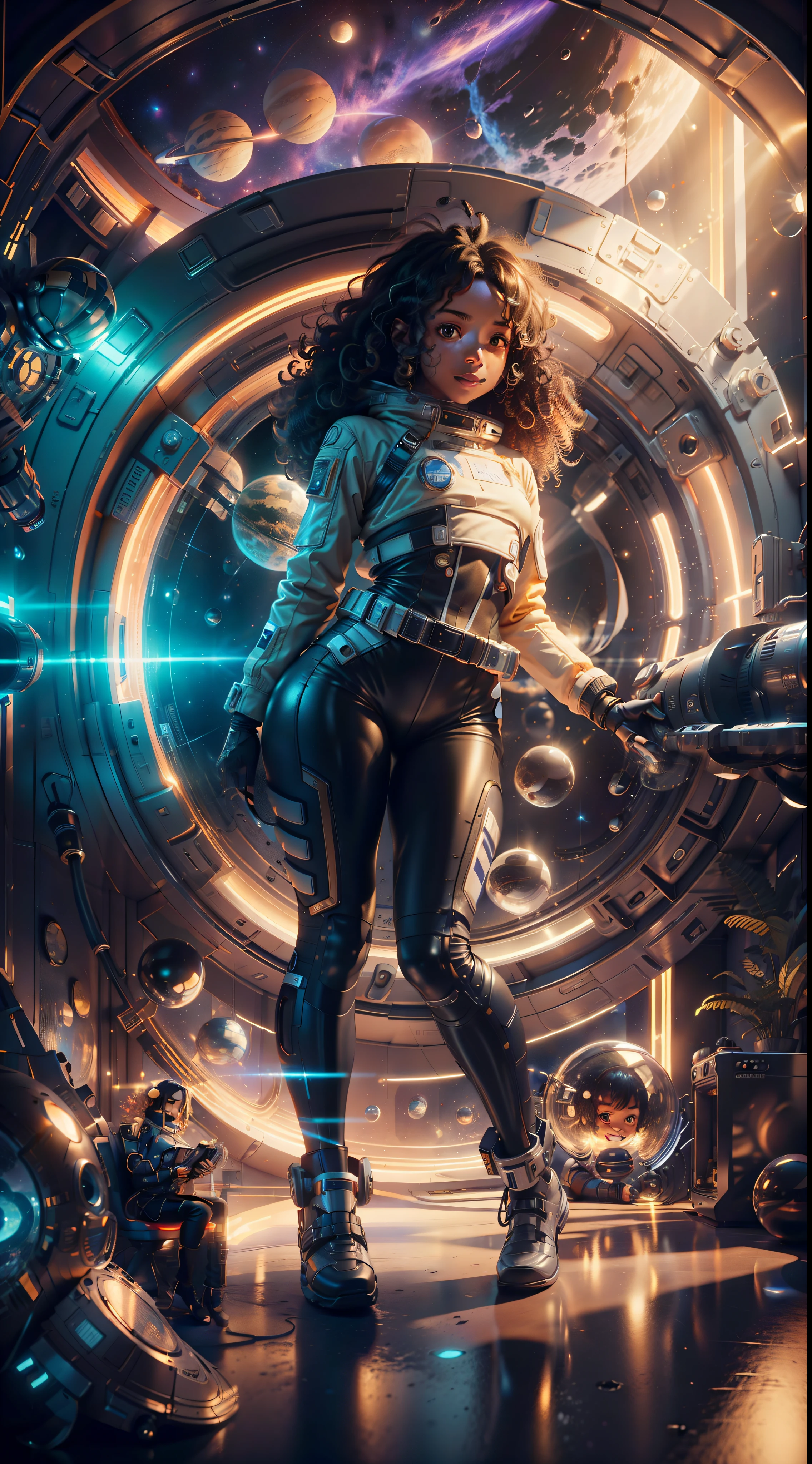 A full-body girl with black skin and curly hair floats inside a large gravitational capsule, (perfect smile: 1.8), golden ratio, anime portrait Space Cadet Girl, of a 2 0 1 9 Sci Fi 8 K movie, Zoe Kravitz futuristic astronaut, 8 K movie still, still 8 K movie, Zoe Kravitz as an astronaut,  in space suit, girl in space, panoramic view, portrait 8k render, beautiful woman in spacesuit, amplitude, open plan, cinematic, photorealism, Photographed on a Canon EOS-1D X Mark III, 150mm lens, F/0.8, sharp focus, volumetric fog, dramatic light, volumetric light, neon, 8k uhd, dslr camera, maximum quality, film grain, anamorphic, amplitude