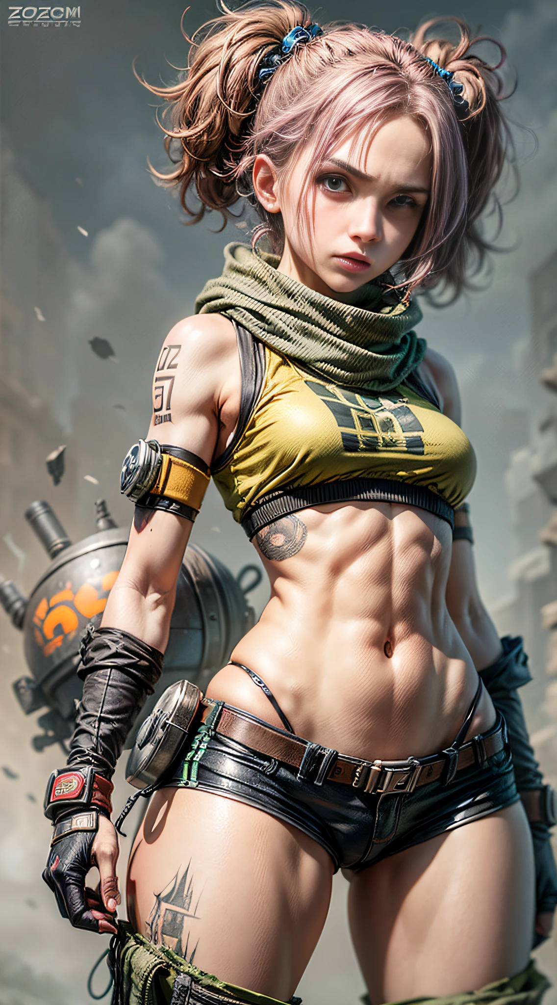 In a post-apocalyptic wasteland., A brave wasteless punk girl stands up to the chaotic world around her.. The camera zooms in on the girl., Capture the fierce expression and determination in her eyes.. Her clothes., A combination of durable clothing and recycled materials., It tells a story of cunning and adaptation.. As the zoom progresses, Focus shifted to her gloved hand., Hold the modified energy weapon firmly., Show her fighting abilities.. This prompt occurs in digital drawing format., Combining rough textures and bright colors to create a distinctive character performance..