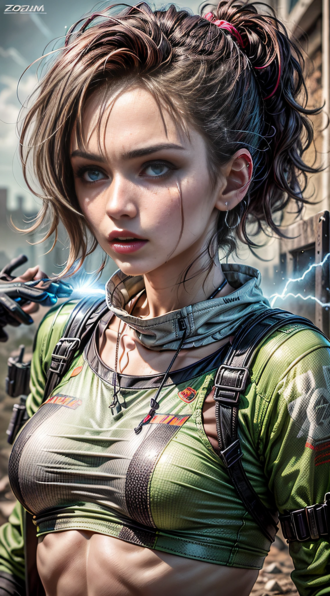 In a post-apocalyptic wasteland., A brave wasteless punk girl stands up to the chaotic world around her.. The camera zooms in on the girl., Capture the fierce expression and determination in her eyes.. Her clothes., A combination of durable clothing and recycled materials., It tells a story of cunning and adaptation.. As the zoom progresses, Focus shifted to her gloved hand., Hold the modified energy weapon firmly., Show her fighting abilities.. This prompt occurs in digital drawing format., Combining rough textures and bright colors to create a distinctive character performance..
