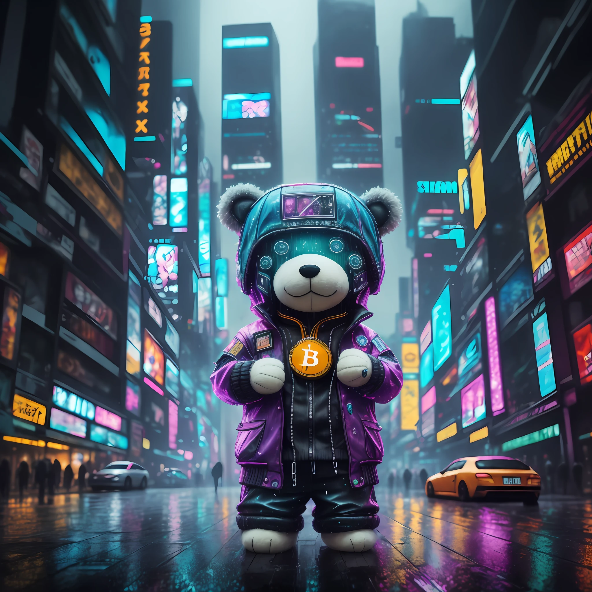 There's a teddy bear dressed in a purple jacket and hat, em estilo de bipe, 3 d render bipe, Estilo bipe, Obra-prima bipe, Hybrid style beep blend, inspirado em bipe, inspirado por Mike "bipe" Winkelmann, bipe!!, em cyberpunk city