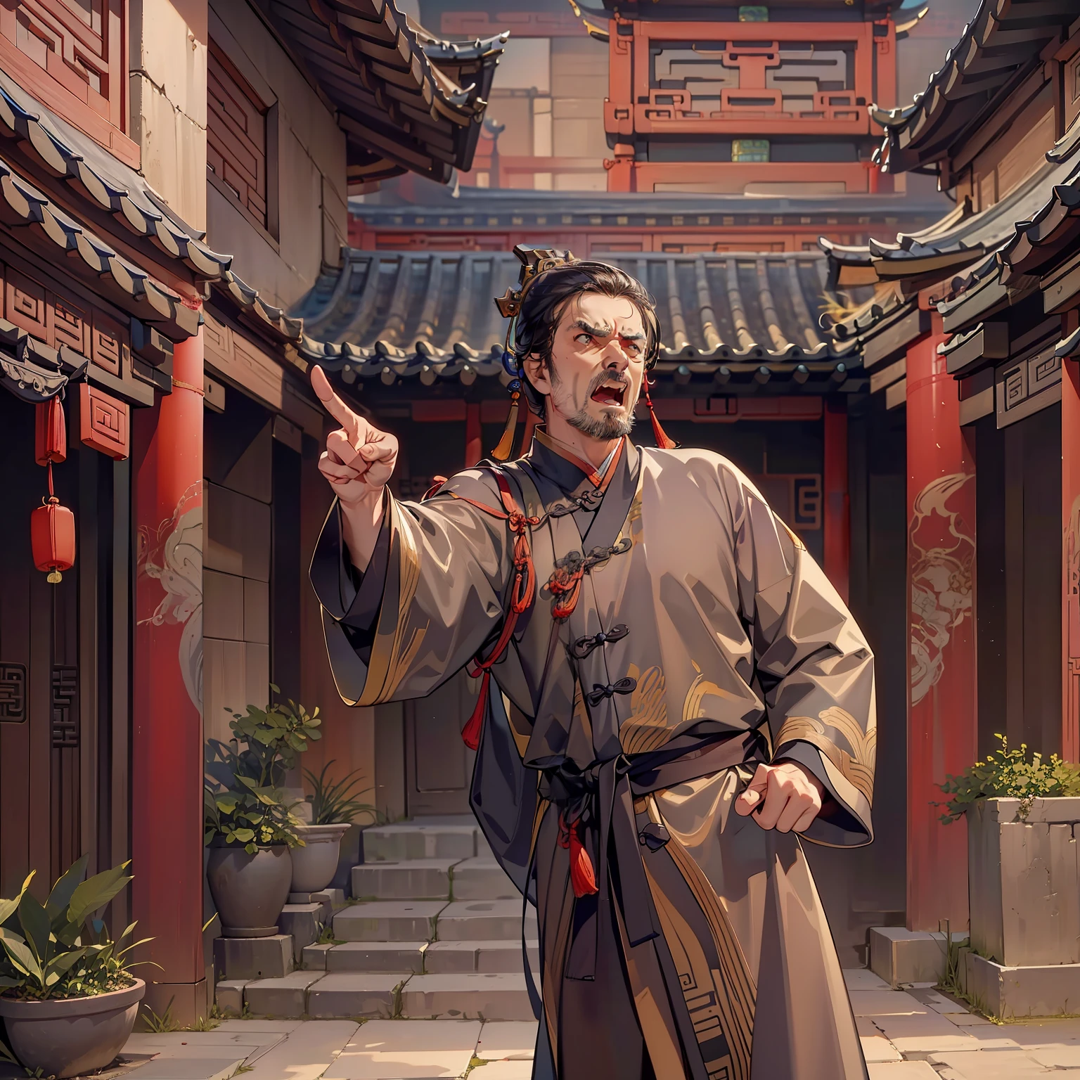 (A middle-aged man, angry)
(Raising his hand and pointing ahead)
(opening mouth to curse)
(In an ancient courtyard)
(Chinese)
