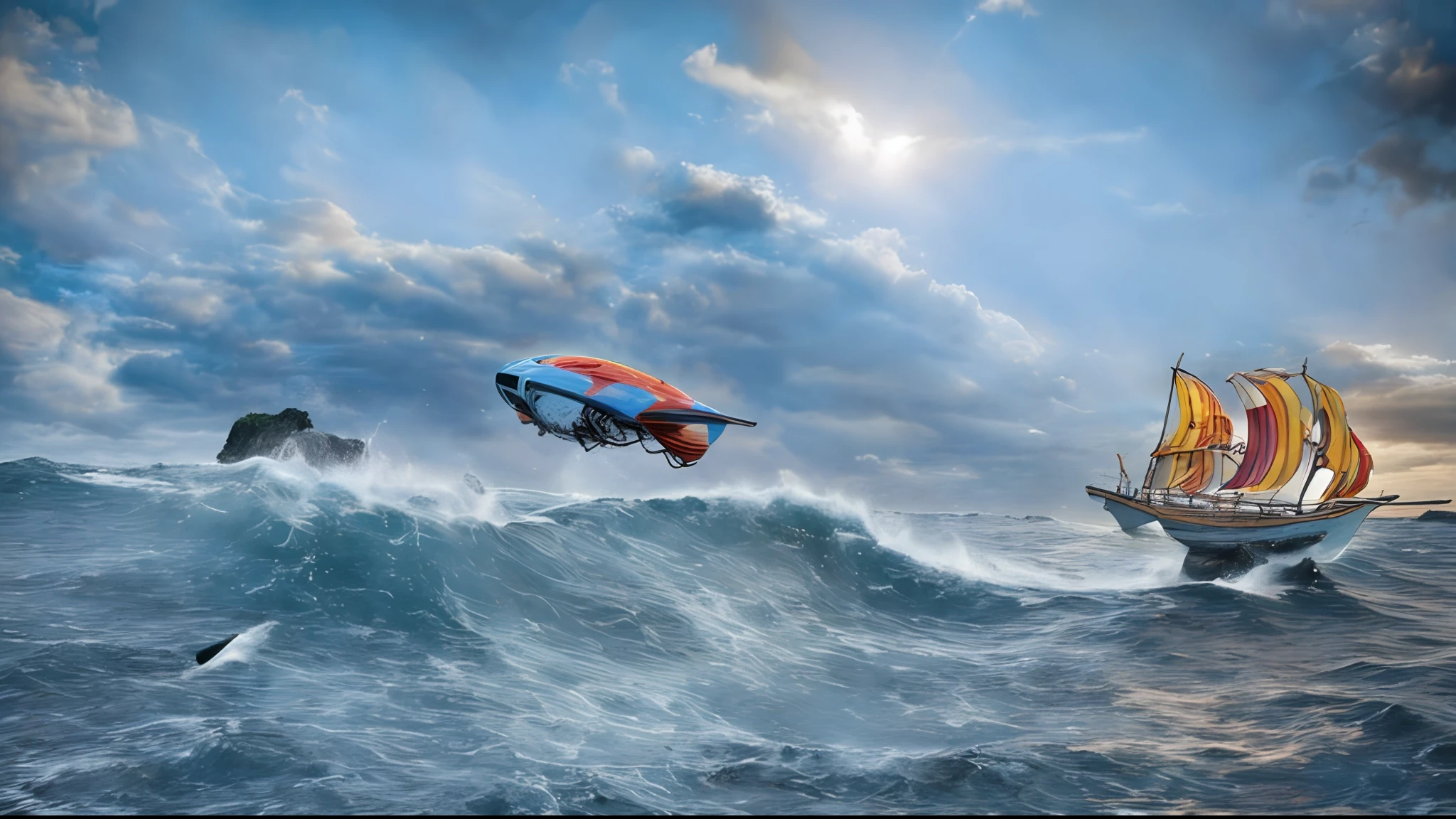 Barca de remos futurista saltando nuves en el cielo y abajo una mar encrespada con altas olas