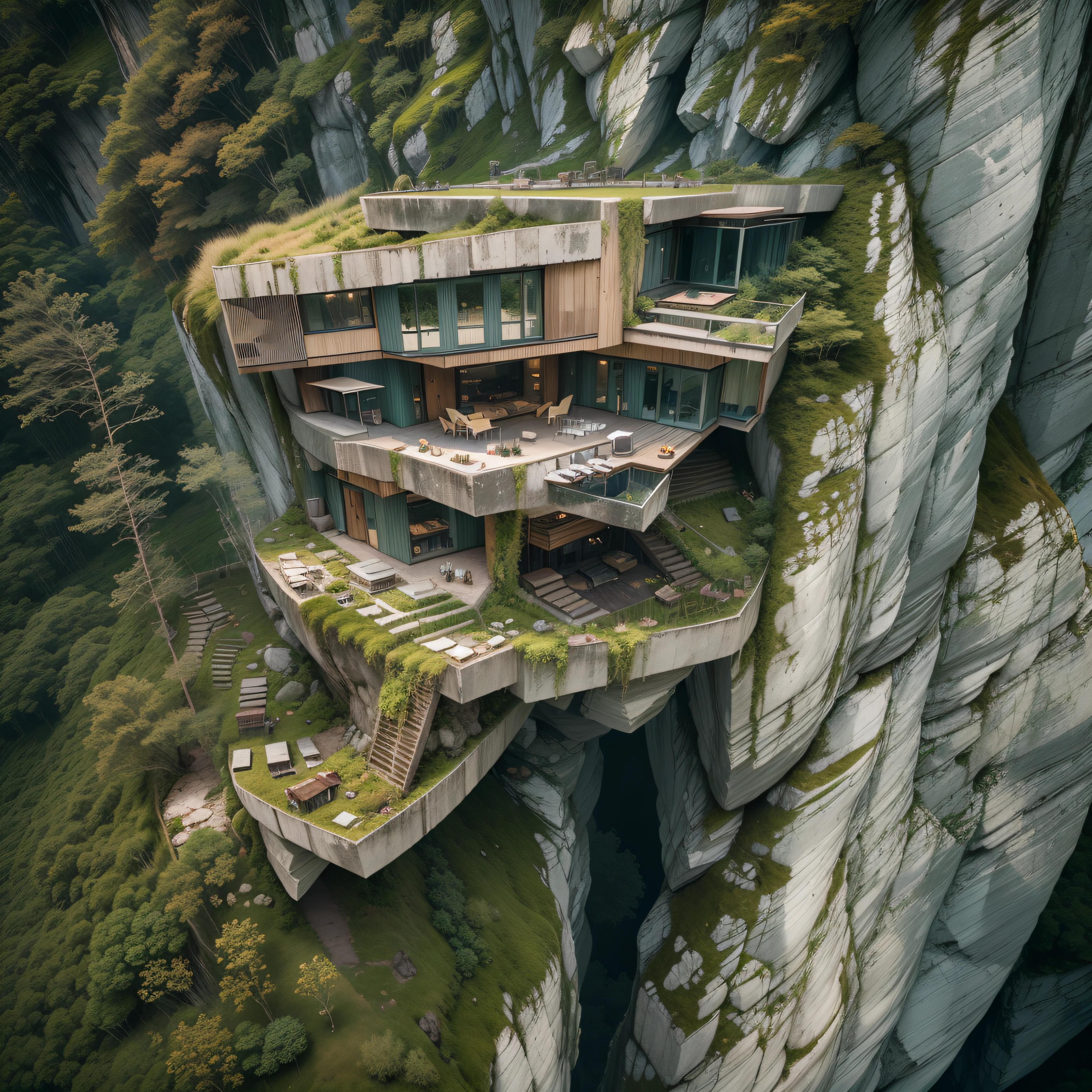 landscape photography, aerial photography, deconstructivism architecture, ECO house on a steep slope hangs over an abyss, around rocks and moss
Save