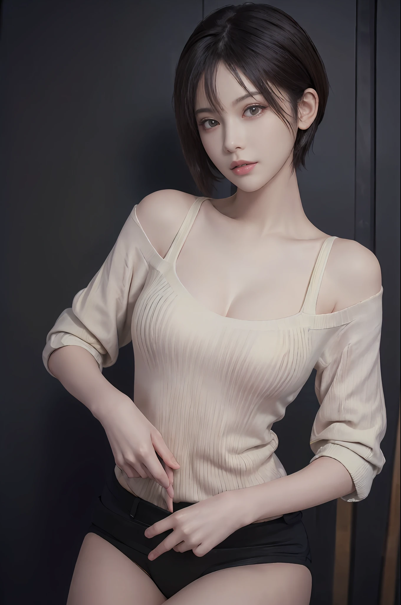 (masterpiece:1.3), (8k, photorealistic, RAW photo, best quality: 1.4), (1girl), beautiful face, (realistic face), (black hair, short hair:1.3), beautiful hairstyle, realistic eyes, beautiful detailed eyes, (realistic skin), beautiful skin, (sweater), absurdres, attractive, ultra high res, ultra realistic, highly detailed, golden ratio