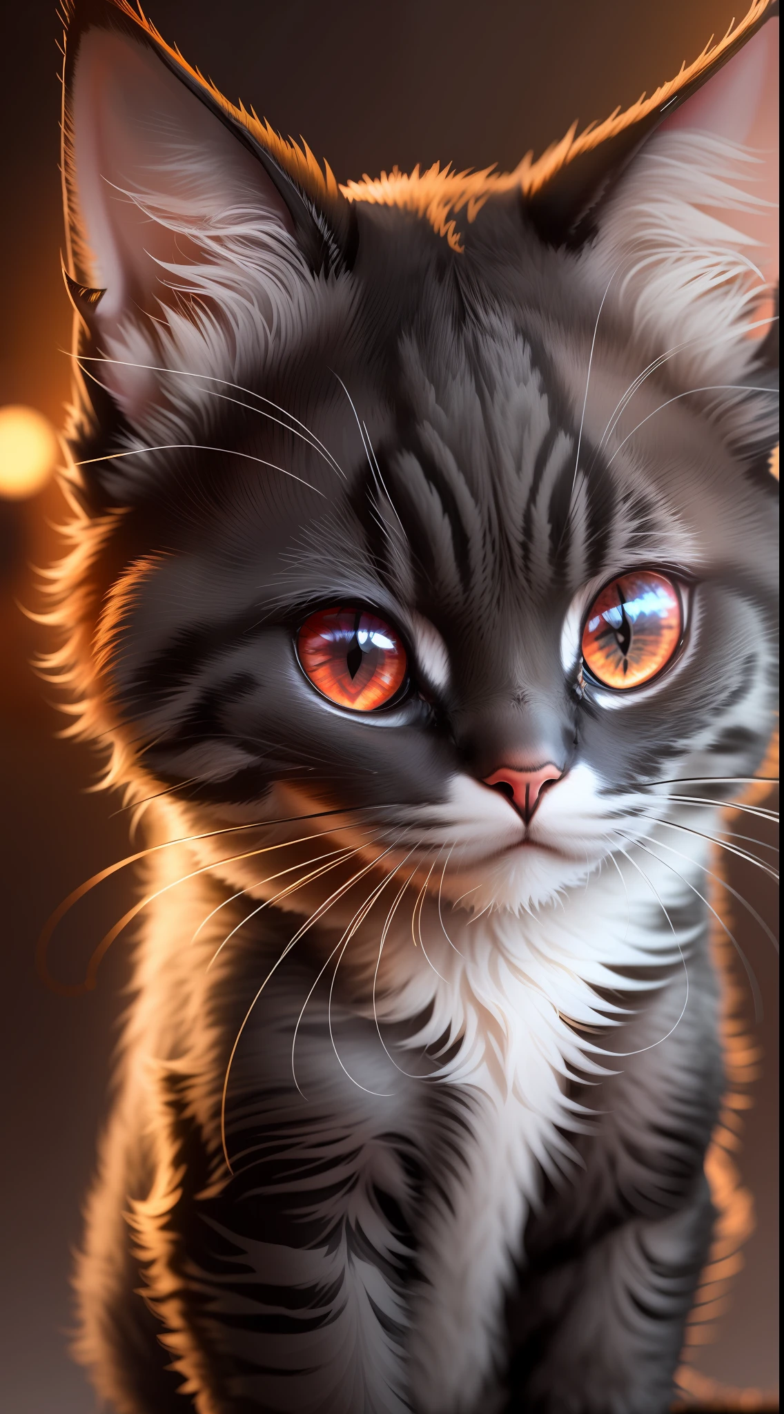 Small full black  cute cat,babye cat in dark night and cat eye is glowing red light, high quality,high resolution,neon background