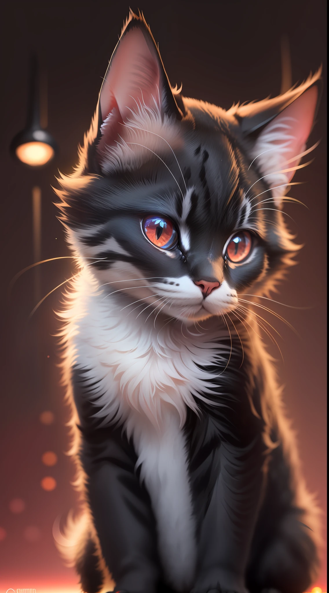 Small full black Baby cute cat,baby cute cat in dark night and cat eye is glowing red light, high quality,high resolution,neon background