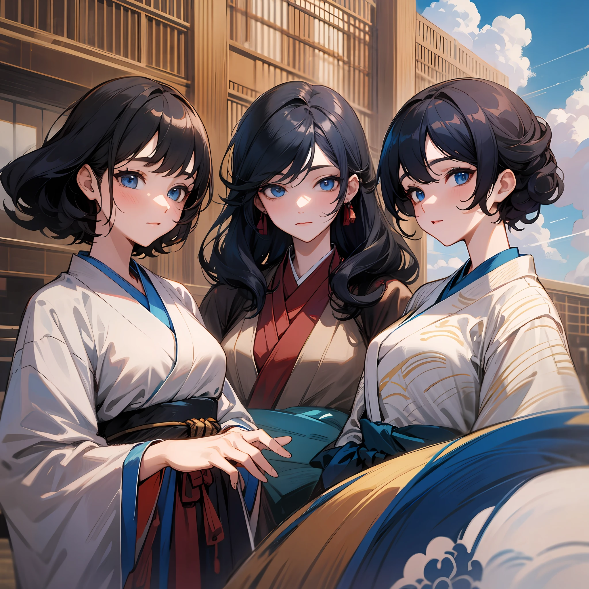 Three beautiful women dressed in different colors of Hanfu,with black curled hair,Nice blue eyes,mont,clouds,Old town,Masterpiece of the best quality,4K,high qulity,A high resolution