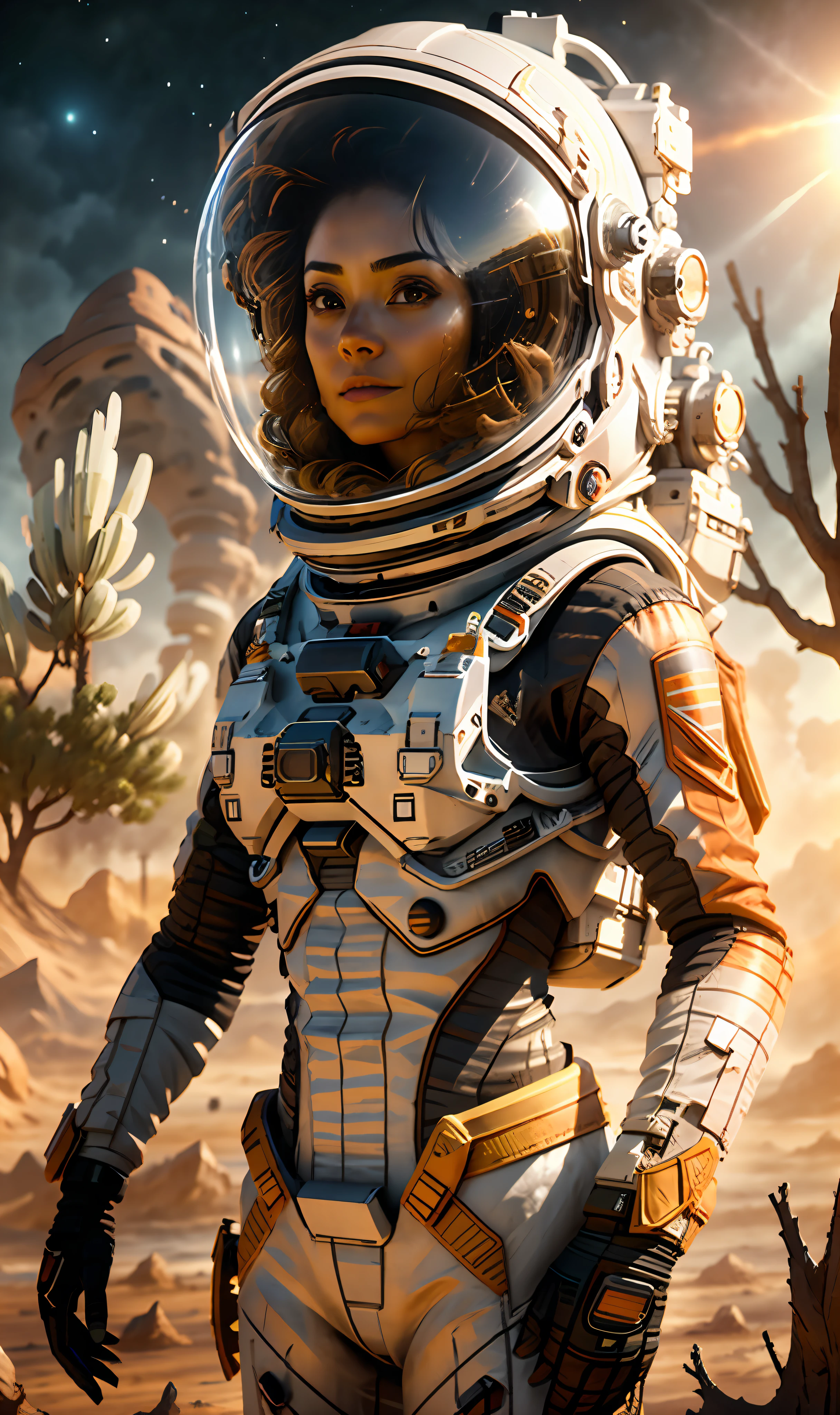 kit bashing, alien landscape, swampland, solitary female astronaut, radio dish antenna, Electric Purple, utility belt, Metallic Gray Zinc, sci-fi, masterpiece, 16k, UHD, HDR, the best quality, body-tight suit, intricate, the most fantastic details, cinematic composition, dramatic lighting, full body, celestial bodies in the sky, dead trees, dry bushes, realistic reflections, sunset, a military compound, to scale, lonely, sad, dynamic posture, ruffles, quillings, embroidery