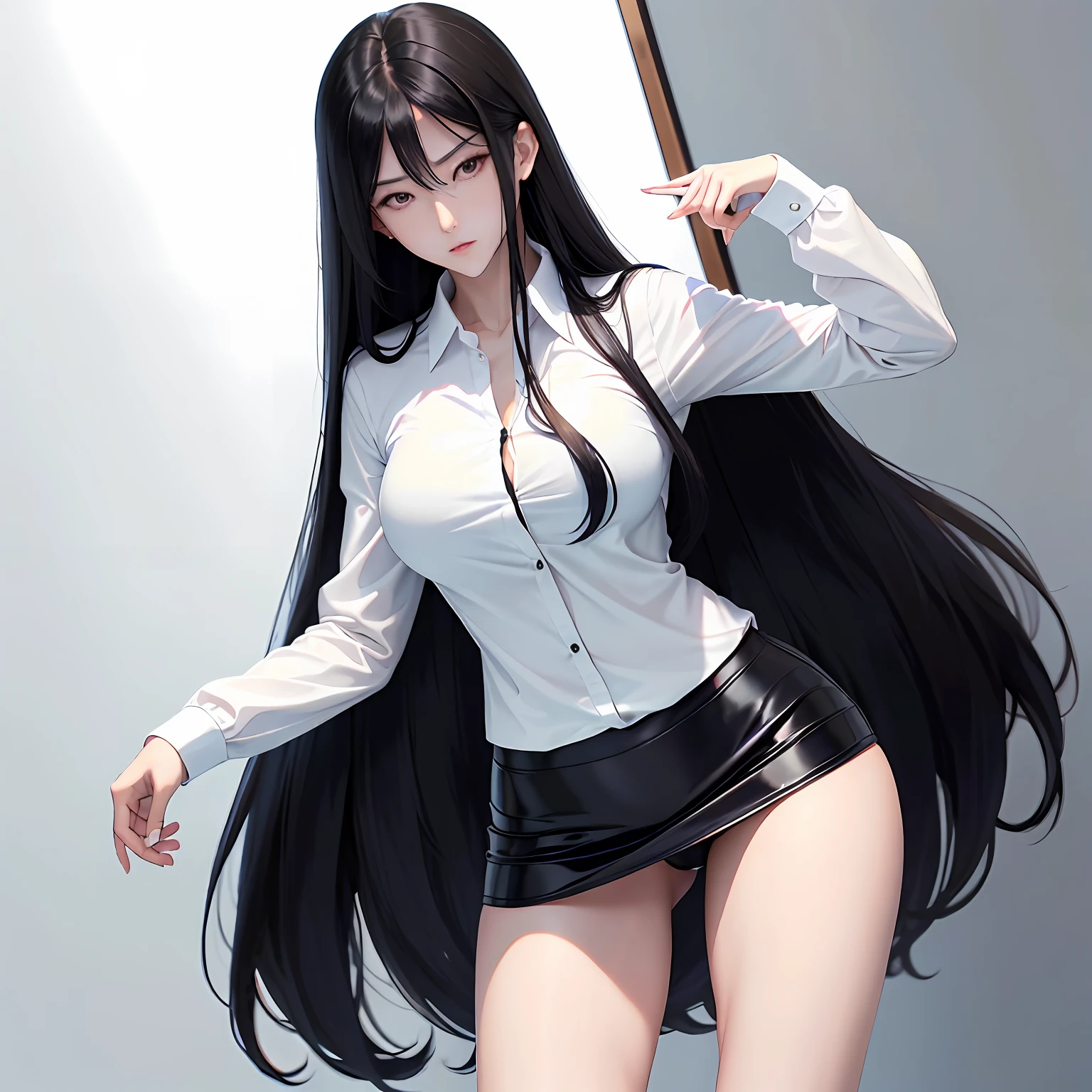 Long black hair、full bodyesbian、long legged、thighs thighs thighs thighs、Black tight skirt、White shirt、A slender、Perfect figure、High pin heel、top-quality、Azusa Itagaki --auto