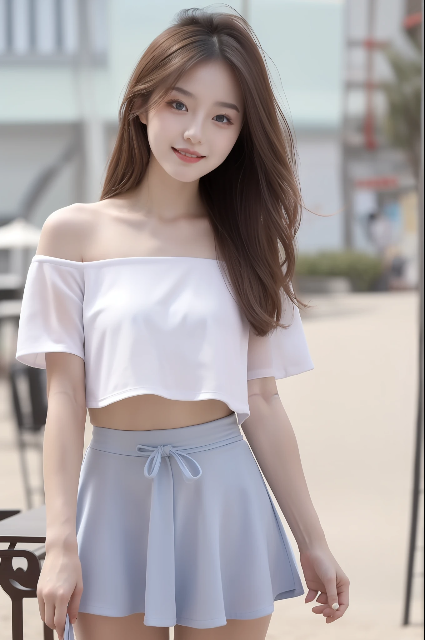 high detal,8K分辨率,超高分辨率,Young beautiful girl slightly fat,((waist-up)) ，full bodyesbian，A cute girl，long whitr hair，Bright and clear eyes,(voluminous hair,鎖骨,Exquisite and perfect facial features, the most beautiful big eyes,Long eyelashes,Wear a lace suspender bandeau top，Puffy skirt，，Crop topping，sweet eyes,ssmile)，dynamic angle,Extreme picture quality,Highest accuracy,Precise and perfect human anatomy，with blue sky and white clouds，On the beautiful seaside，sandbeach。