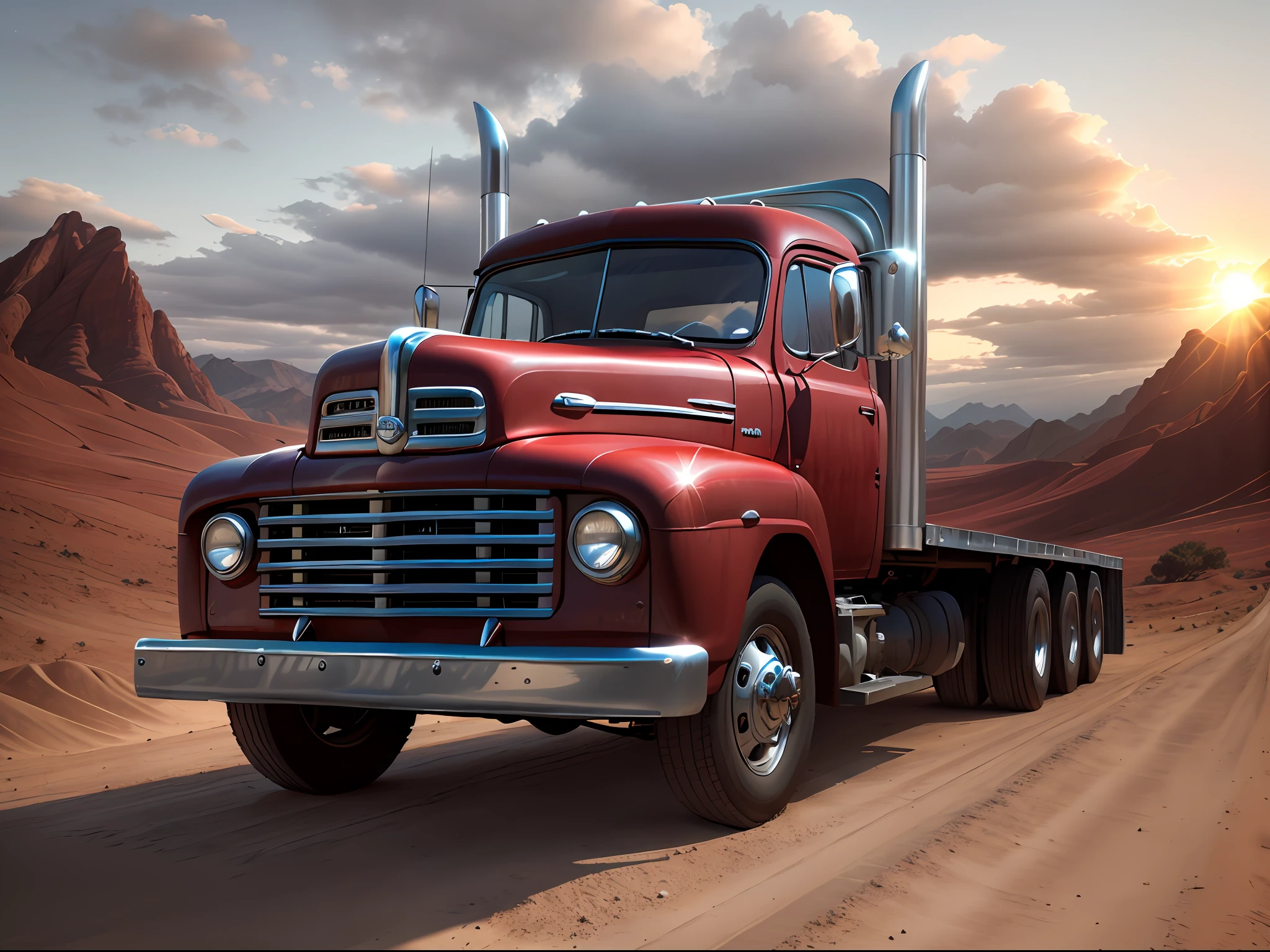 ......3d, Antigo fosco cor vermelha ford coe truck melhor qualidade hiper realista de imagem, grade frontal cromada , Hyper-realistic chrome exhausts and fuel tank , estrada de terra , lindo por do sol ao fundo , imagem hiper realista