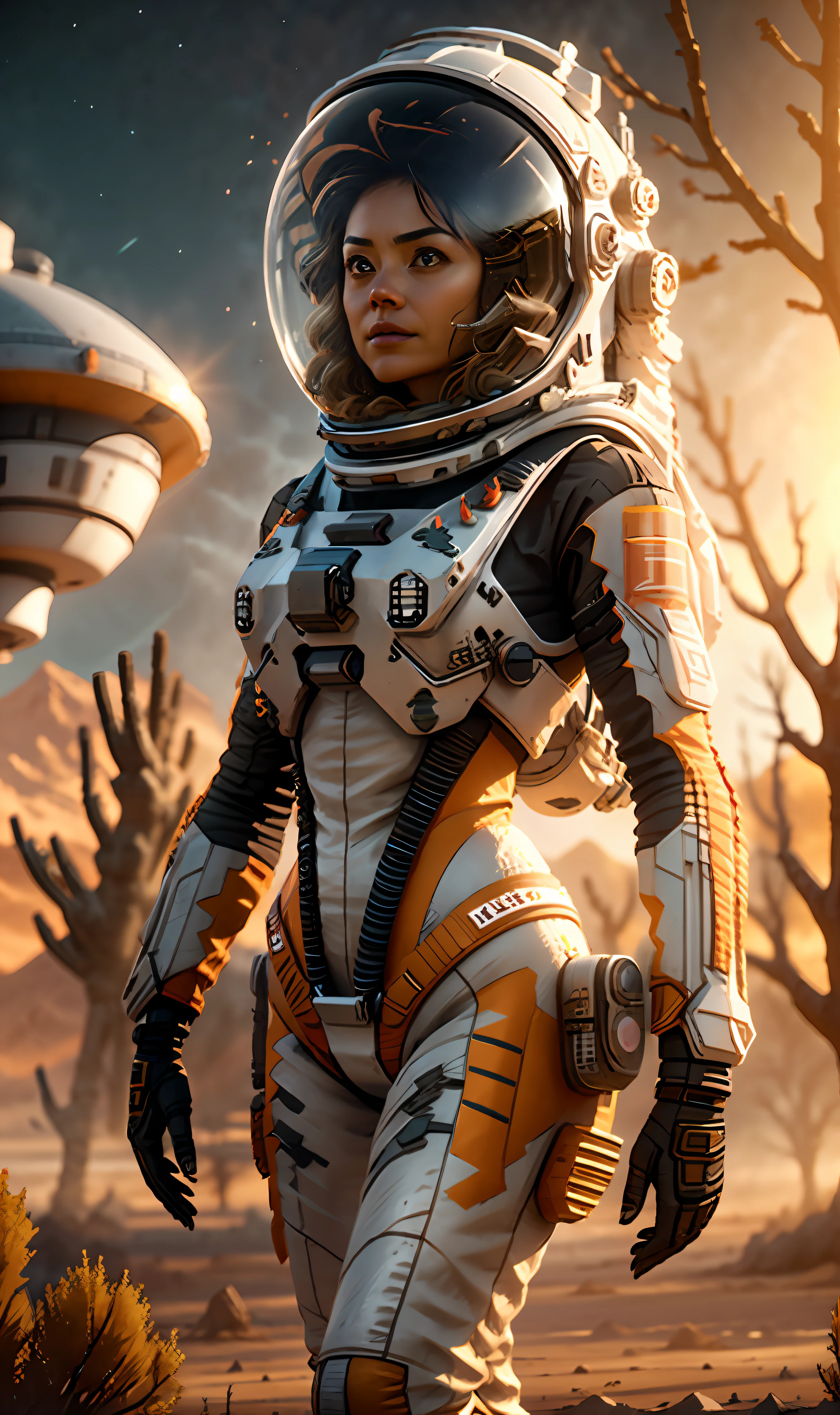 kit bashing, alien landscape, swampland, solitary female astronaut, radio dish antenna, Electric Purple, utility belt, Metallic Gray Zinc, sci-fi, masterpiece, 16k, UHD, HDR, the best quality, body-tight suit, intricate, the most fantastic details, cinematic composition, dramatic lighting, full body, celestial bodies in the sky, dead trees, dry bushes, realistic reflections, sunset, a military compound, to scale, lonely, sad, dynamic posture, ruffles, quillings, embroidery