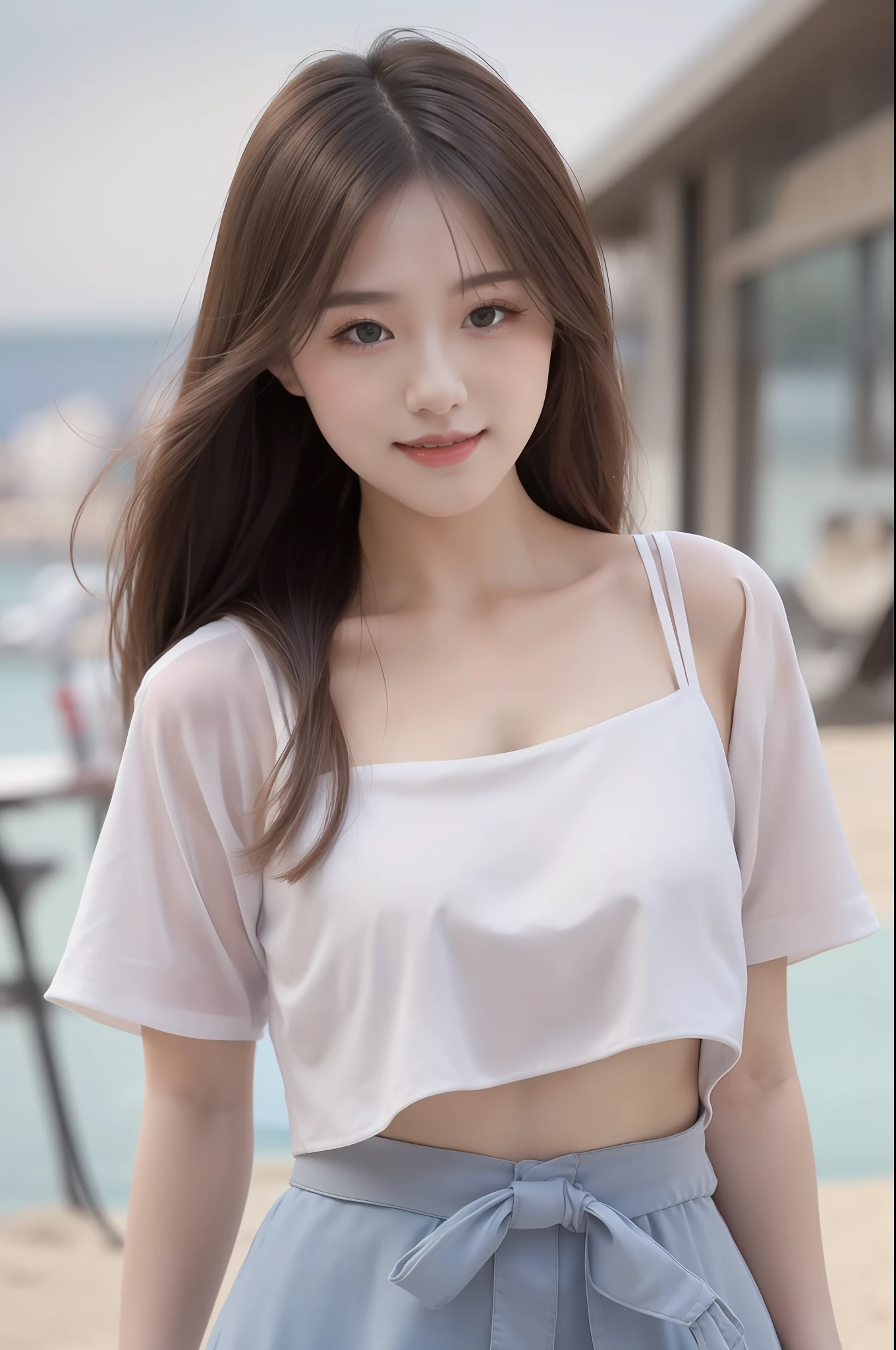 high detal,8K分辨率,超高分辨率,Young beautiful girl slightly fat,((waist-up)) ，full bodyesbian，A cute girl，long whitr hair，Bright and clear eyes,(voluminous hair,鎖骨,Exquisite and perfect facial features, the most beautiful big eyes,Long eyelashes,Wear a lace suspender bandeau top，Puffy skirt，，Crop topping，sweet eyes,ssmile)，dynamic angle,Extreme picture quality,Highest accuracy,Precise and perfect human anatomy，with blue sky and white clouds，On the beautiful seaside，sandbeach。