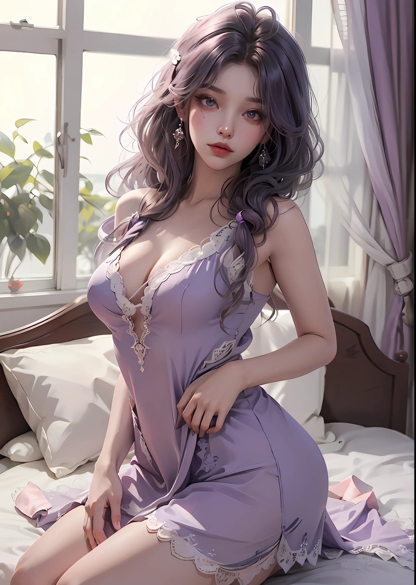 White background, 4K, Masterpiece, highres, absurdres, bare shoulder, bare thighs, fur , a woman wearing lace nightdress, posing in front of a bed, light purple wavy hair, lust, lewd eyes, shy, shy look, seductive, sexy pose, very large boobs, very large ass, ultra detail face