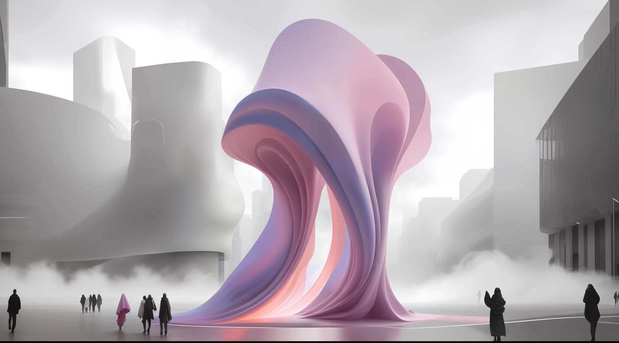Sculpture of Arafeld on the city square,People are moving around, large draped cloth, zaha hadid octane highly render, author:Chass is silent, Flowing fabric, inspired by Anna Füssli, abstract cloth simulation, portal. zaha hadid, flowing pink-colored silk, author:Anna Fossley, futuristic architectural art, long flowing fabric