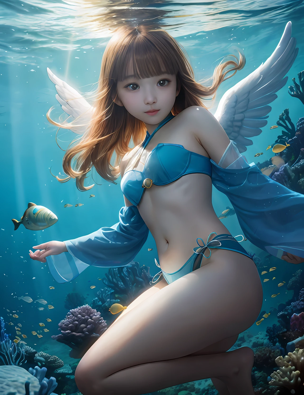 35mm, F/2.8, incredibly detailed and realistic body shot, small light coming in from below, one 18yo angel under the sea, small surface like a mirror, beautiful and cute face, her curious Japanese face with gentle smile, huge-breasted, Create an image of Theta with a flying stone at her chest emitting blue light and exploding into a laser beam pointing towards the upper right direction.