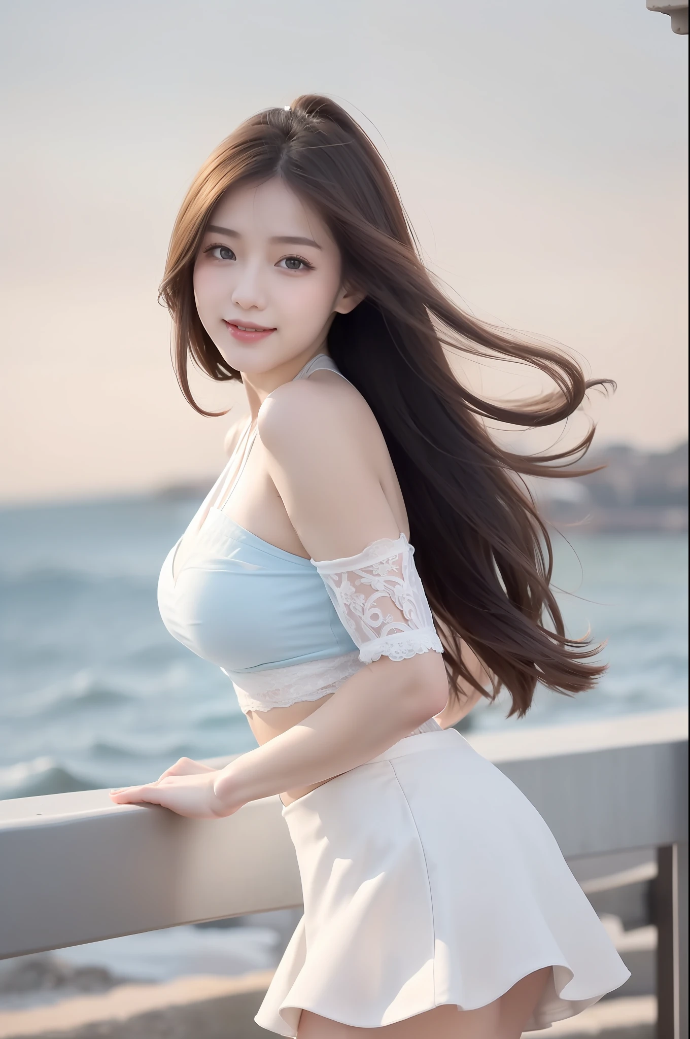 high detal,8K分辨率,超高分辨率,Girl young beautiful girl slightly fat,((waist-up)) ，full bodyesbian，A cute girl，long whitr hair，Bright and clear eyes,(voluminous hair,鎖骨,Exquisite and perfect facial features, the most beautiful big eyes,Long eyelashes,Wear a lace suspender bandeau top，Puffy skirt，，Crop topping，sweet eyes,ssmile)，dynamic angle,Extreme picture quality,Highest accuracy,Precise and perfect human anatomy，with blue sky and white clouds，On the beautiful seaside，sandbeach。