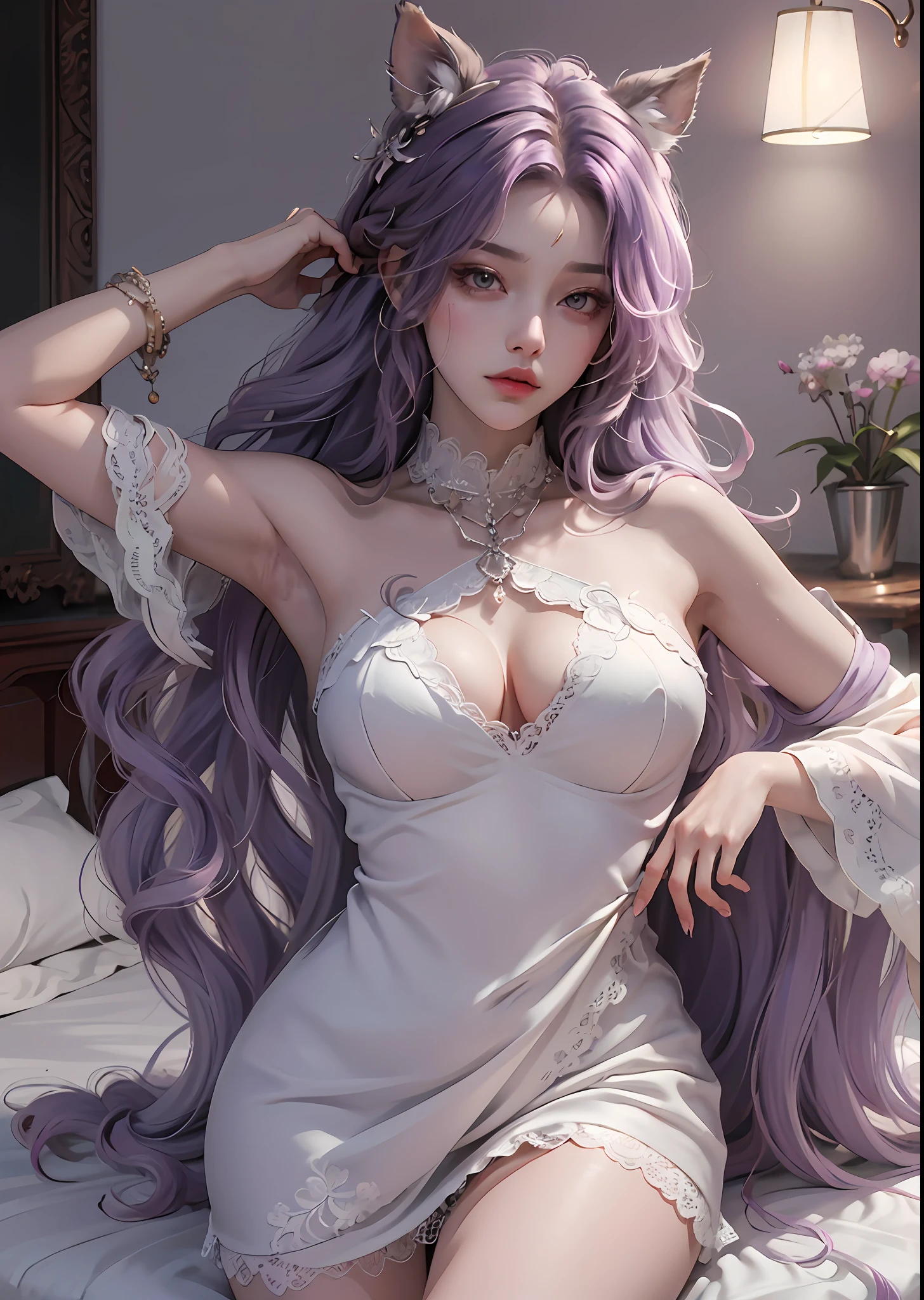 White background, 4K, Masterpiece, highres, absurdres, bare shoulder, bare thighs, fur , a woman wearing lace nightdress, posing in front of a bed, light purple wavy hair, lust, lewd eyes, shy, shy look, seductive, sexy pose, very large boobs, very large ass, ultra detail face