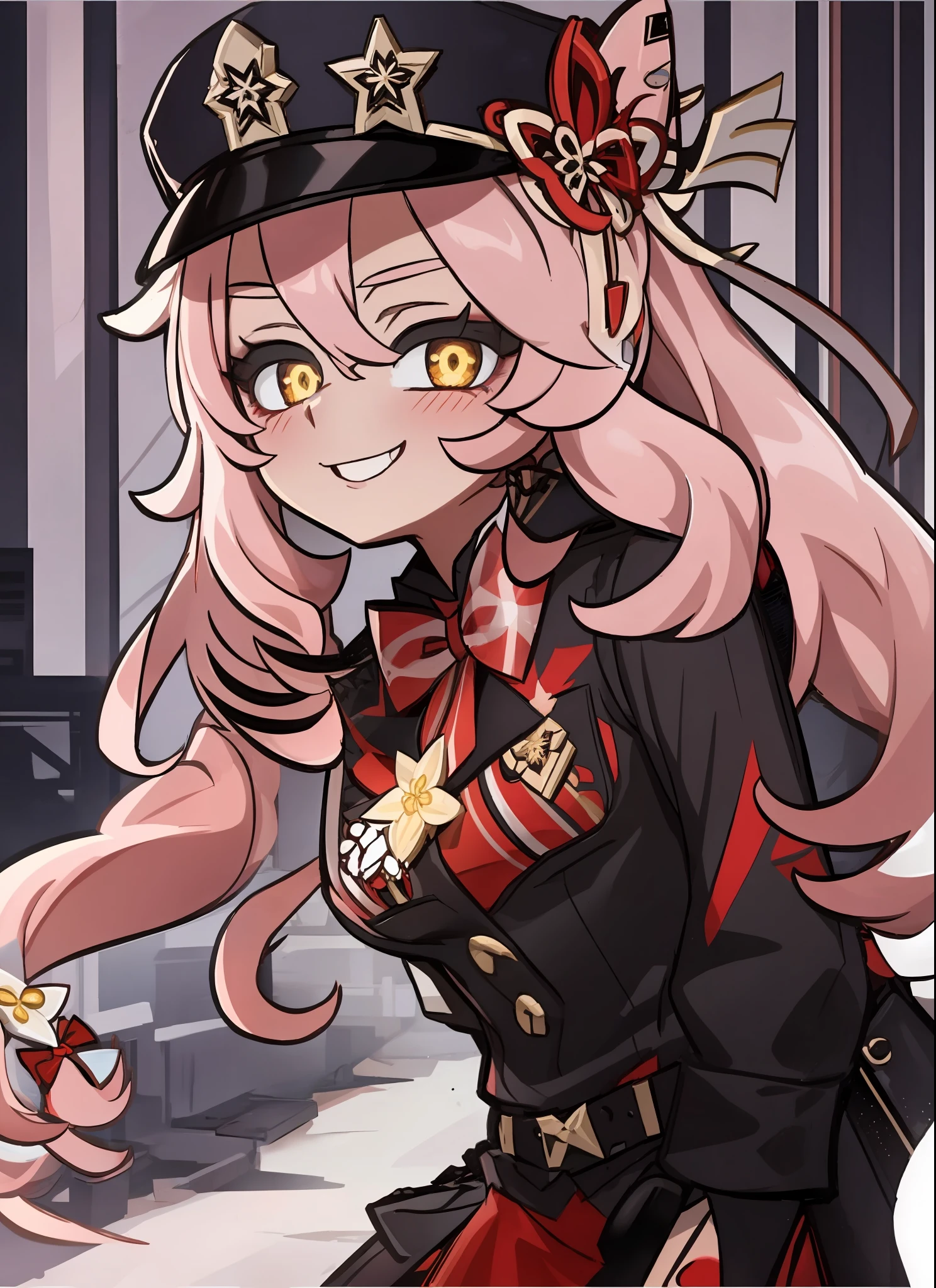 gs2 , long pink hair, yellow pupils, love in eyes, red bow hairpins, blushing, cute, smug, smile, rolling eyes, red bow tie, black police outfit, police hat, long sleeves, miniskirt