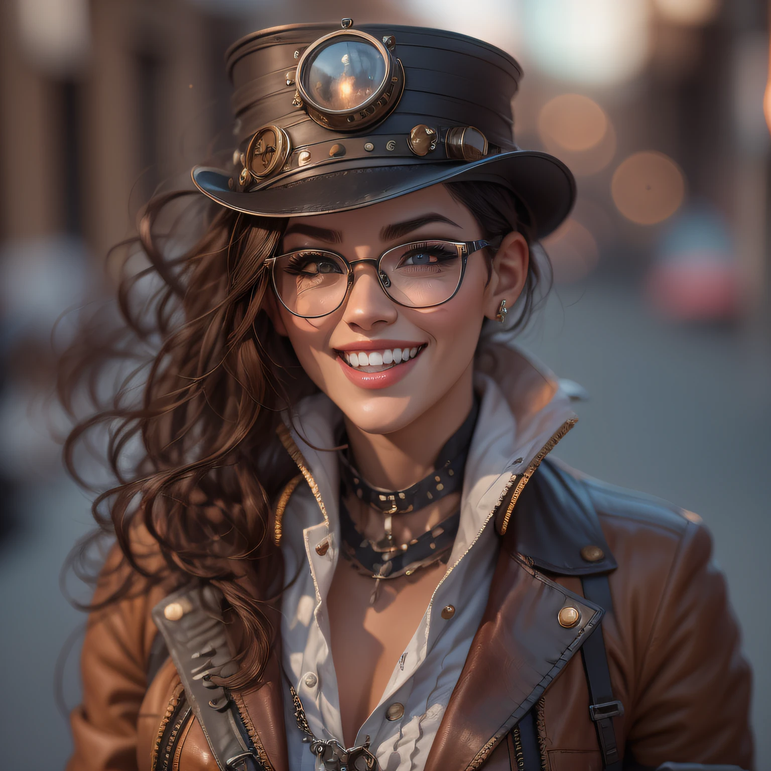 renderizado; Octane Render, 4K, Obra-prima, alta resolução, absurdos, Natural volumetric lighting and better shadows, rosto altamente detalhado, highly detailed face features, sorridente, lindo sorriso, 2 garotas, cabelo longo, seios, olhos azuis, kalap, joalheria, jaqueta, vermelho cabelo, botas, pants, colar, esmalte, cabelo laranja, loira, eyeglass, espartilho, cabelo cacheado, glasses on head, stripey pants, steampunk, steampunk_costume