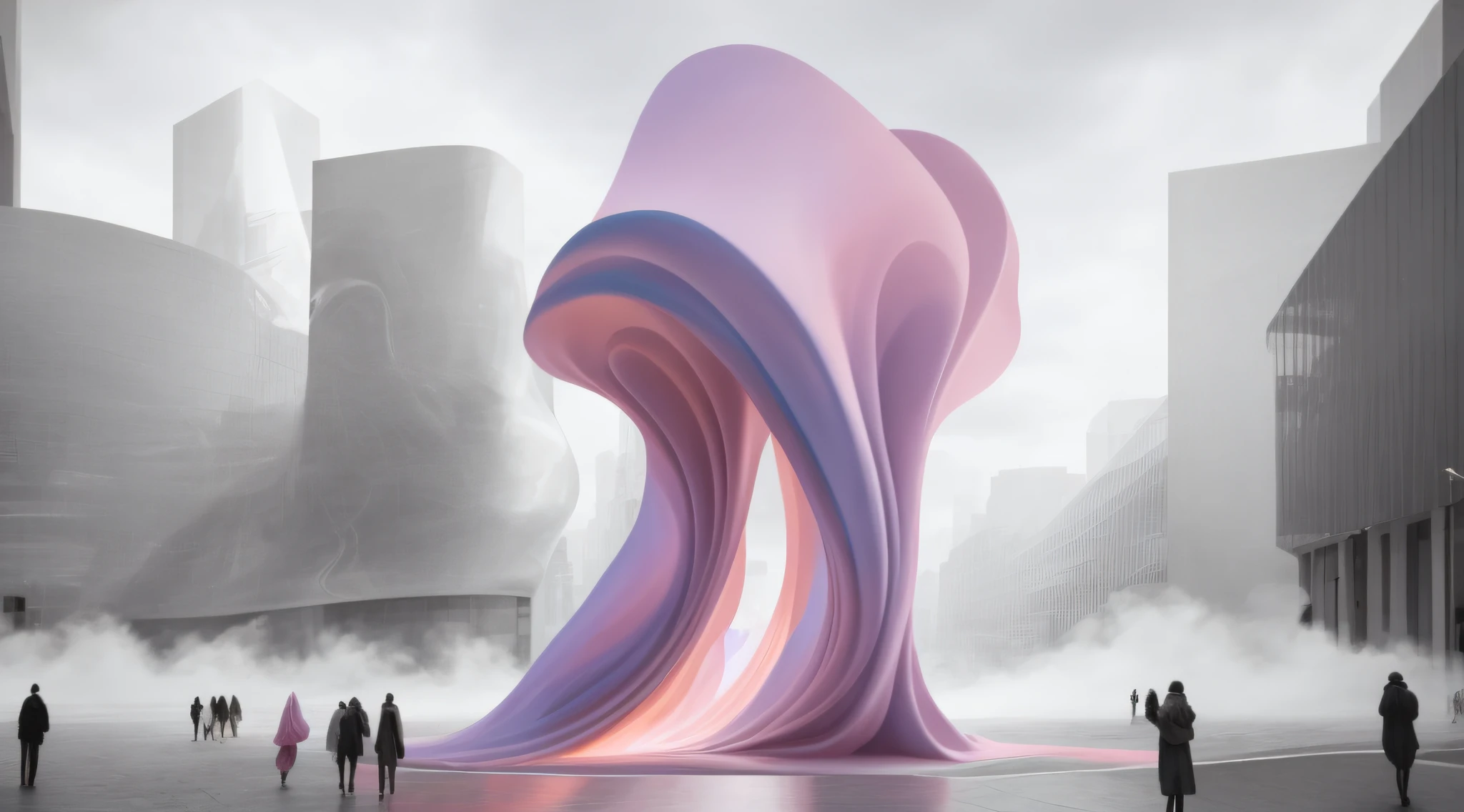 Sculpture of Arafeld on the city square,People are moving around, large draped cloth, zaha hadid octane highly render, author:Chass is silent, Flowing fabric, inspired by Anna Füssli, abstract cloth simulation, portal. zaha hadid, flowing pink-colored silk, author:Anna Fossley, futuristic architectural art, long flowing fabric