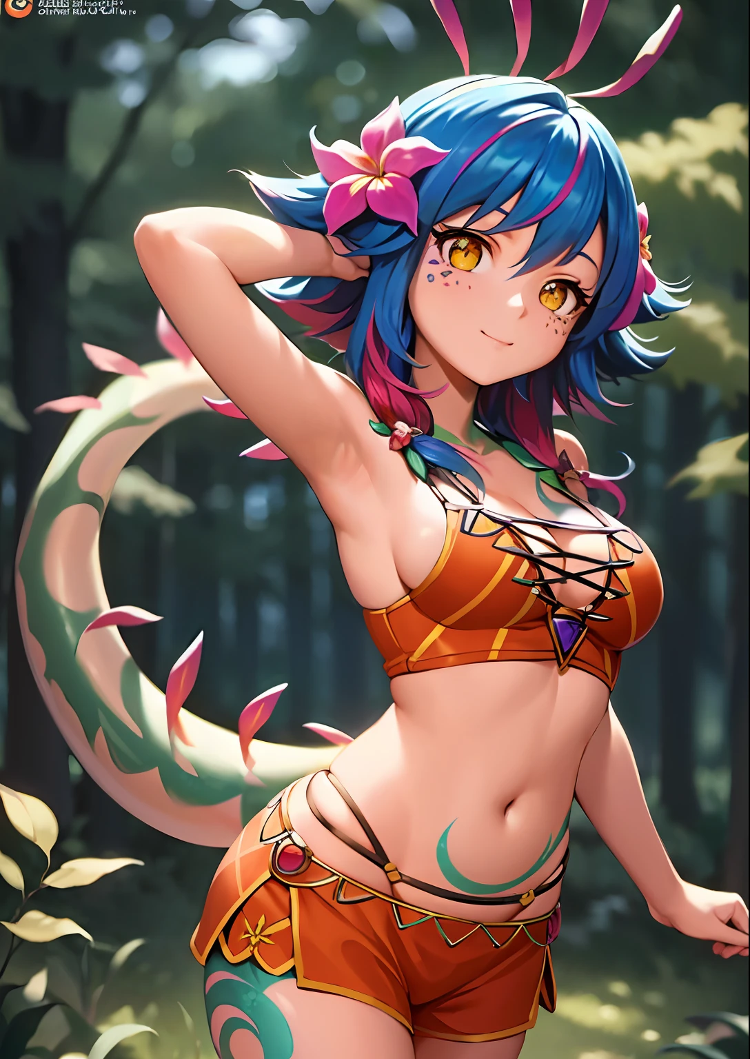neeko , hair ornaments , hair flower , brown shorts , crop top , lizard tail , facial marks , (best quality) , (masterpiece) , pretty girl, beauty skin, ultra high res, raw photo , medium boobs , ultra detailed , detailed body , detailed eyes and face , (looking at viewer , softly smiling) , 8k ,((puffy eyes)), ,good contrast , high sharpness,(gorgeous),realistic,RAW Photography,(hyperdetailed:1.2),boreal forest