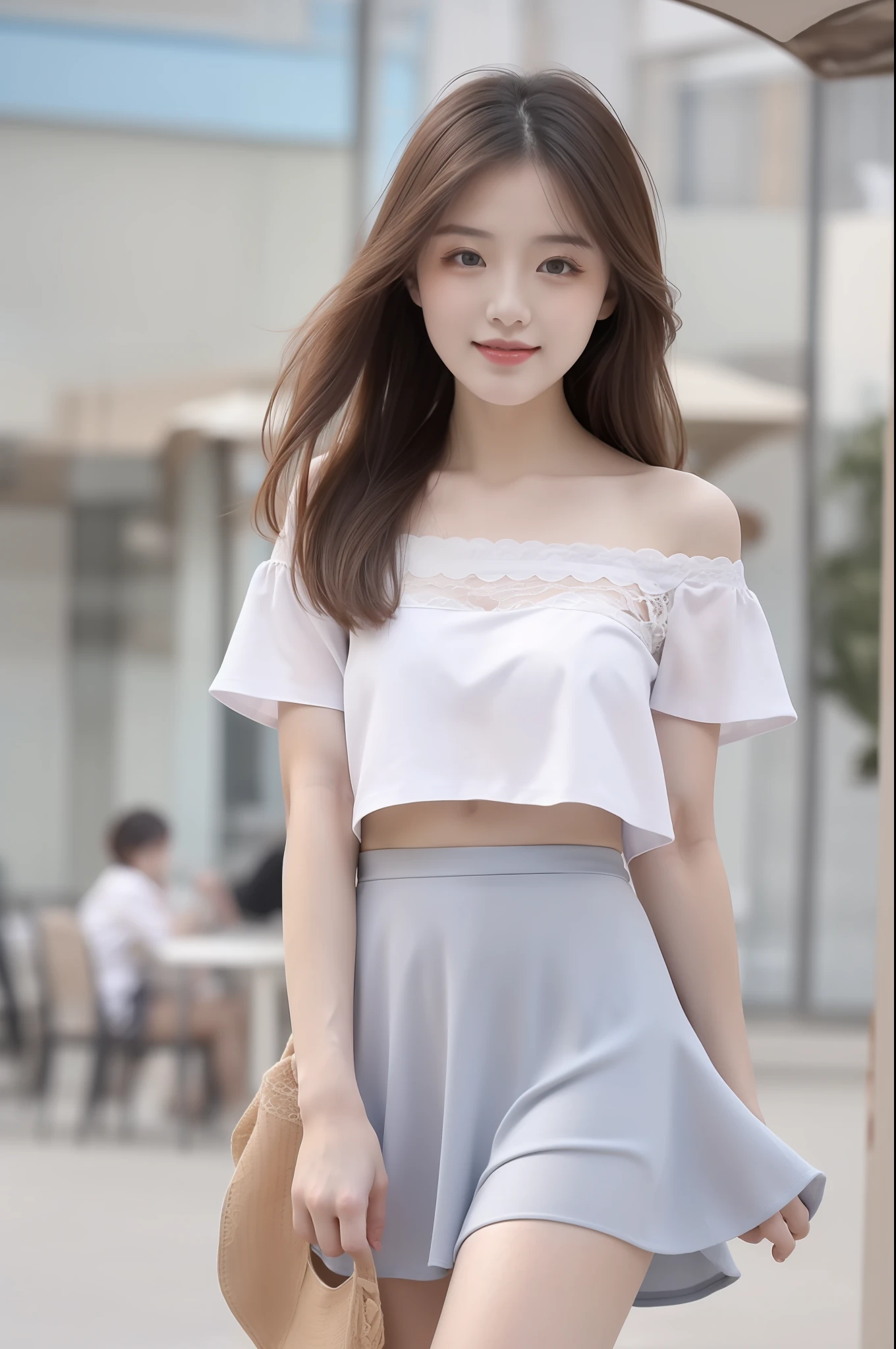 high detal,8K分辨率,超高分辨率,Young beautiful girl slightly fat,((waist-up)) ，full bodyesbian，A cute girl，long whitr hair，Bright and clear eyes,(voluminous hair,鎖骨,Exquisite and perfect facial features, the most beautiful big eyes,Long eyelashes,Wear a lace suspender bandeau top，Puffy skirt，，Crop topping，sweet eyes,ssmile)，dynamic angle,Extreme picture quality,Highest accuracy,Precise and perfect human anatomy，with blue sky and white clouds，On the beautiful seaside，sandbeach。