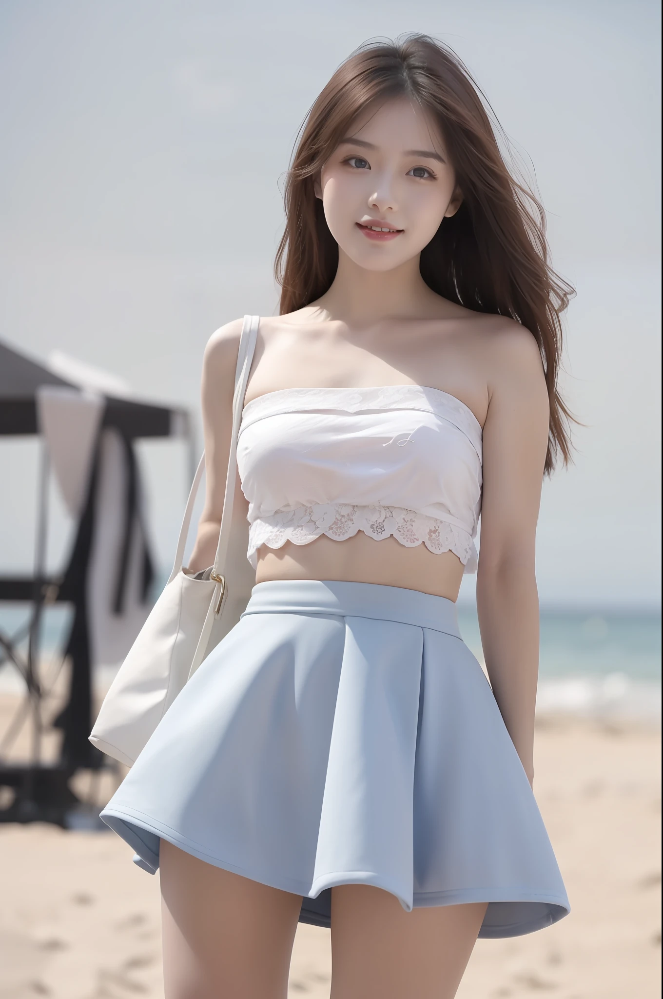 high detal,8K分辨率,超高分辨率,Young beautiful girl slightly fat,((waist-up)) ，full bodyesbian，A cute girl，long whitr hair，Bright and clear eyes,(voluminous hair,鎖骨,Exquisite and perfect facial features, the most beautiful big eyes,Long eyelashes,Wear a lace suspender bandeau top，Puffy skirt，，Crop topping，sweet eyes,ssmile)，dynamic angle,Extreme picture quality,Highest accuracy,Precise and perfect human anatomy，with blue sky and white clouds，On the beautiful seaside，sandbeach。