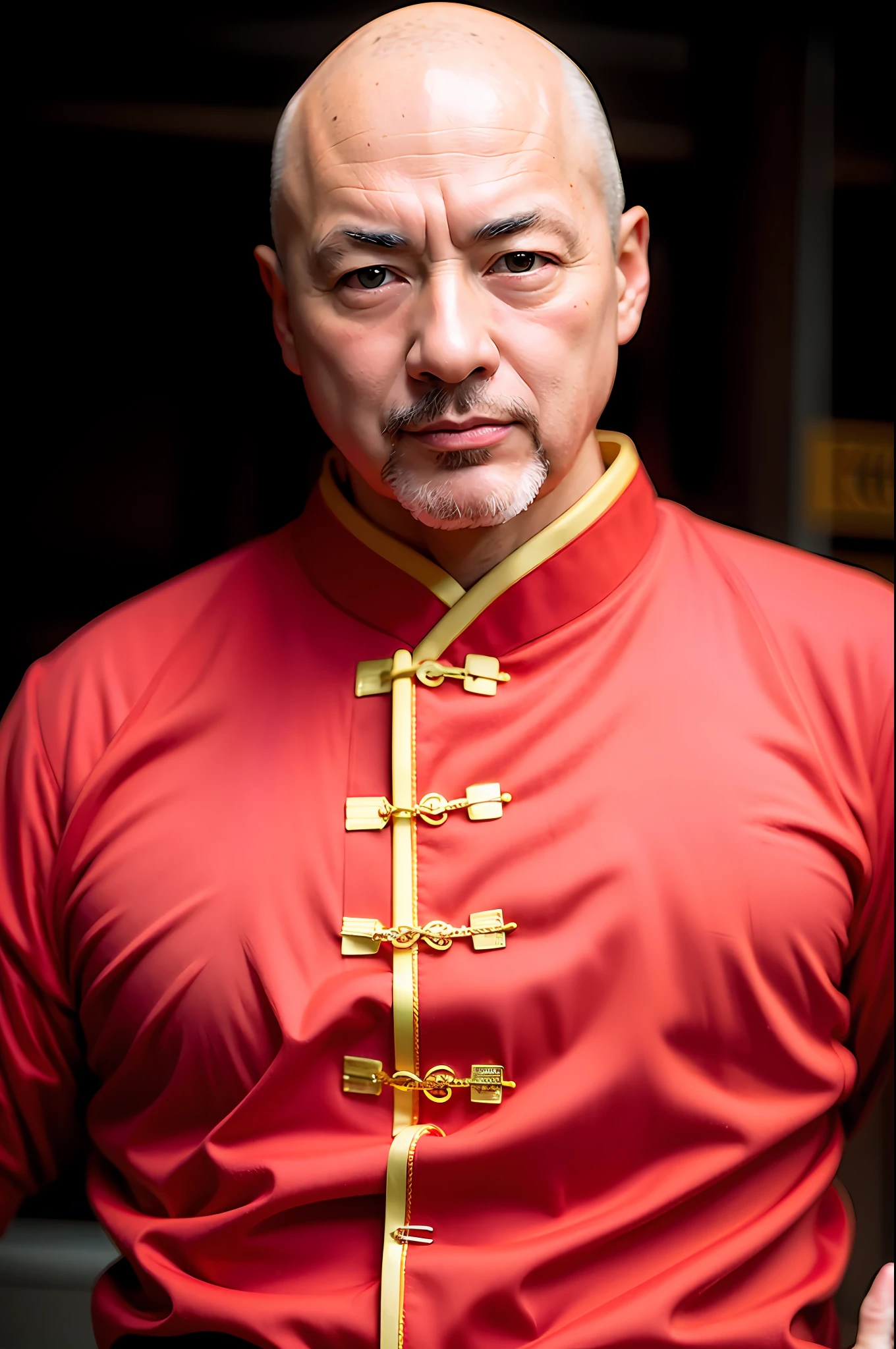 best quality, ultra high res, (photorealistic:1.4), 1man, bald, detailed eyes, upper body, peaceful, serious, kindly, chinese traditional clothes