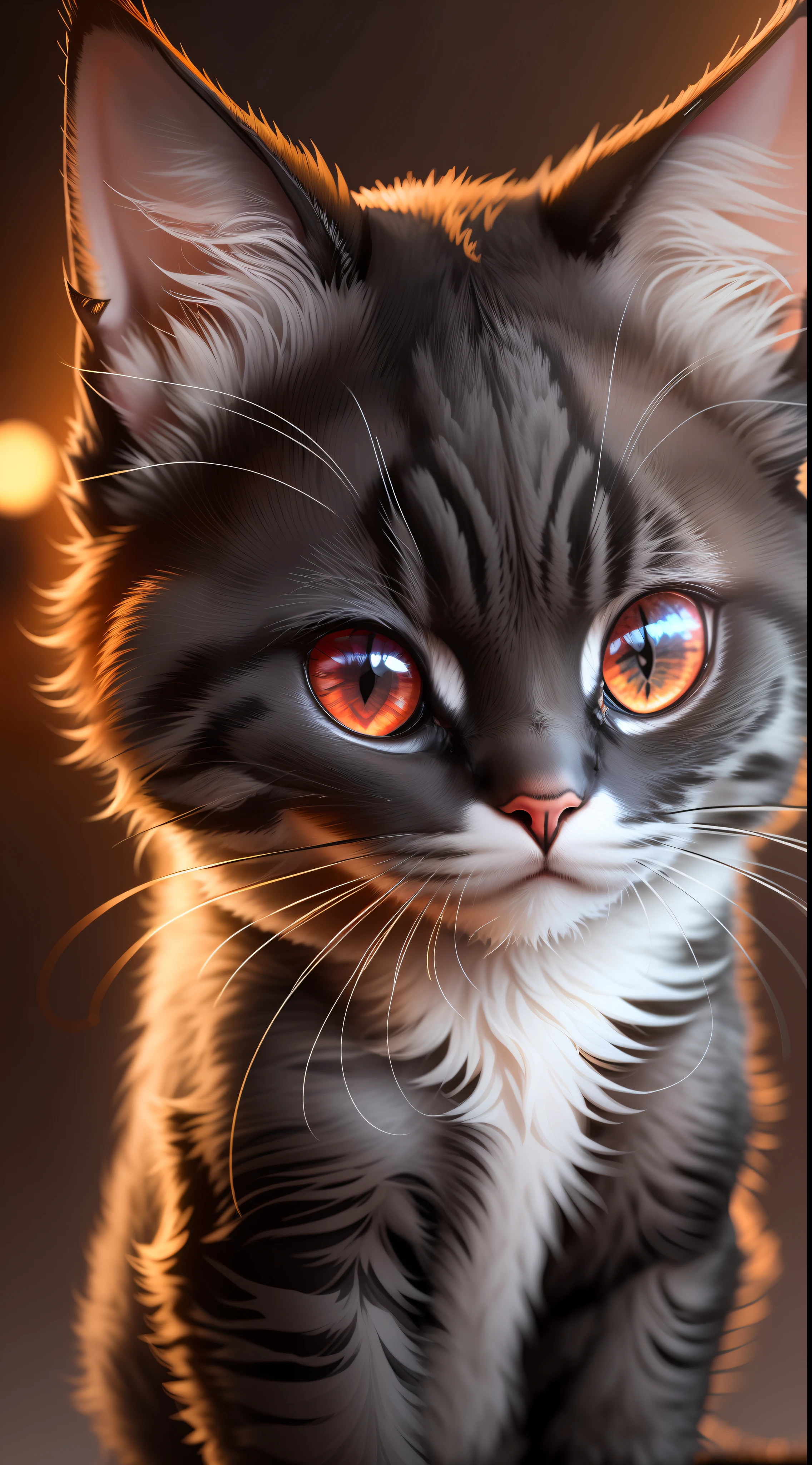 Small full black cute cat,babye cat in dark night and cat eye is glowing red light, high quality,high resolution,neon background