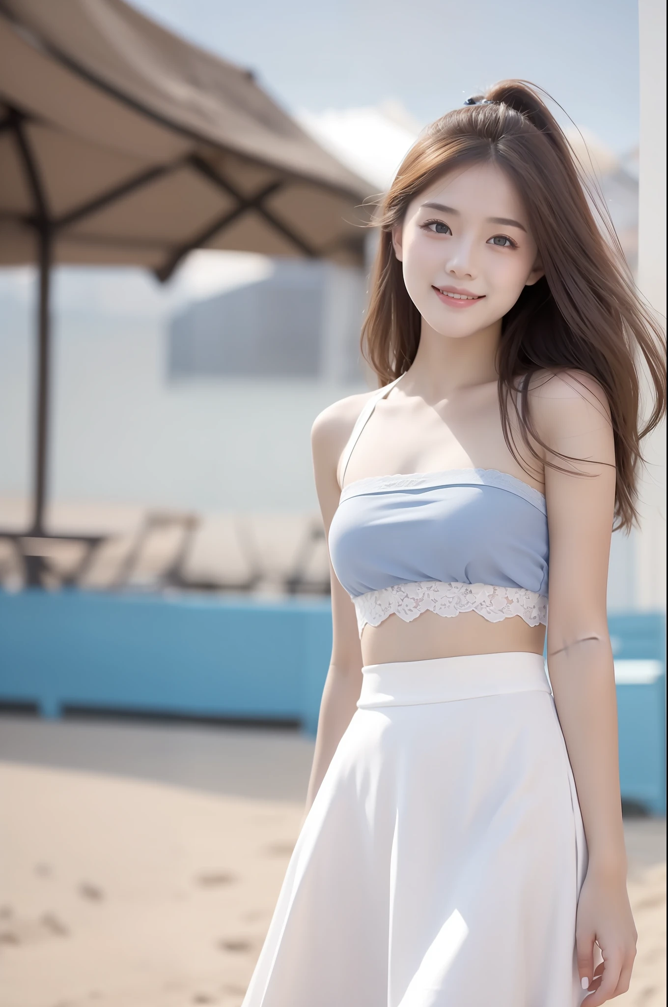 high detal,8K分辨率,超高分辨率,Young beautiful girl slightly fat,((waist-up)) ，full bodyesbian，A cute girl，long whitr hair，Bright and clear eyes,(voluminous hair,鎖骨,Exquisite and perfect facial features, the most beautiful big eyes,Long eyelashes,Wear a lace suspender bandeau top，Puffy skirt，，Crop topping，sweet eyes,ssmile)，dynamic angle,Extreme picture quality,Highest accuracy,Precise and perfect human anatomy，with blue sky and white clouds，On the beautiful seaside，sandbeach。