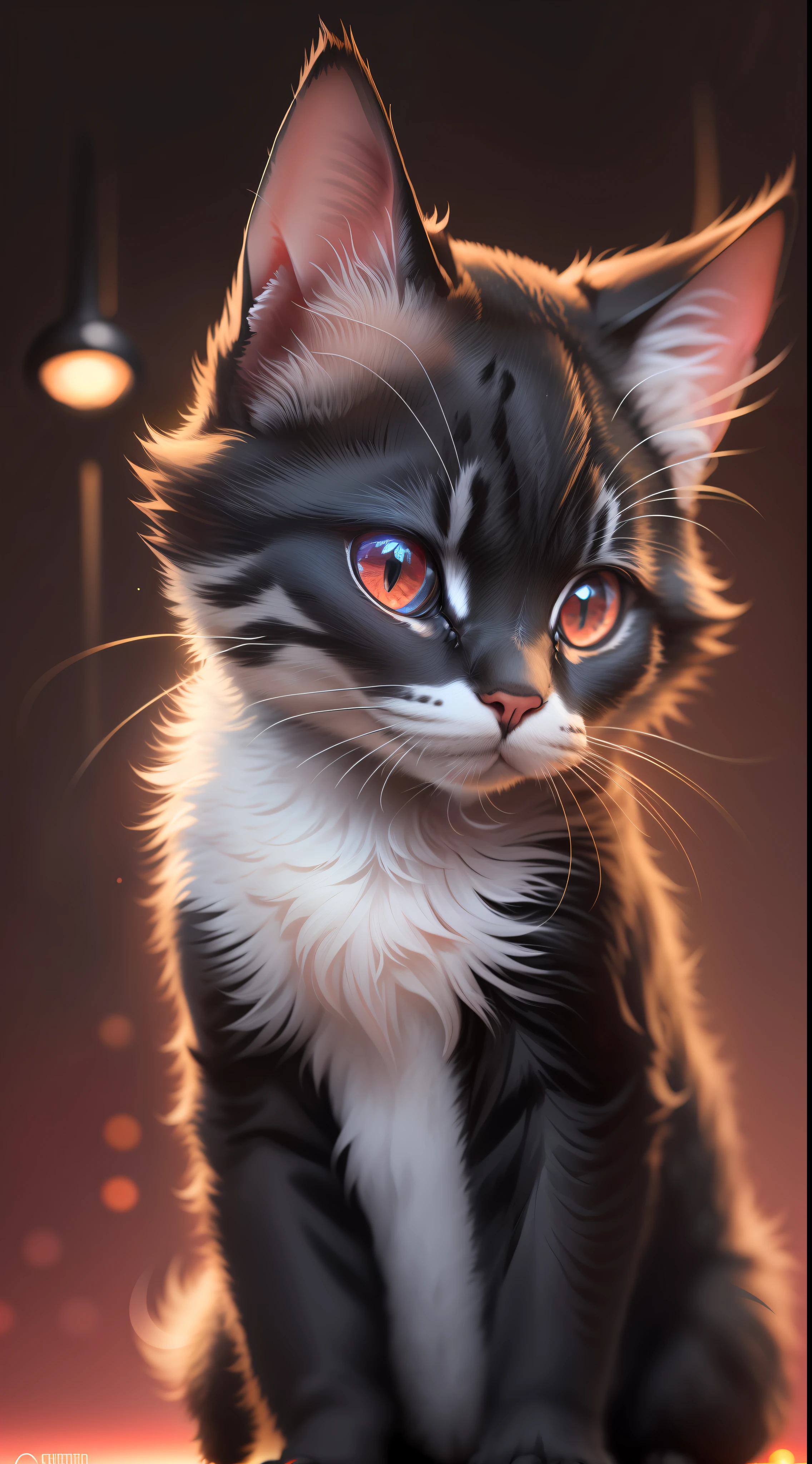 Small full black cute cat,babye cat in dark night and cat eye is glowing red light, high quality,high resolution,neon background